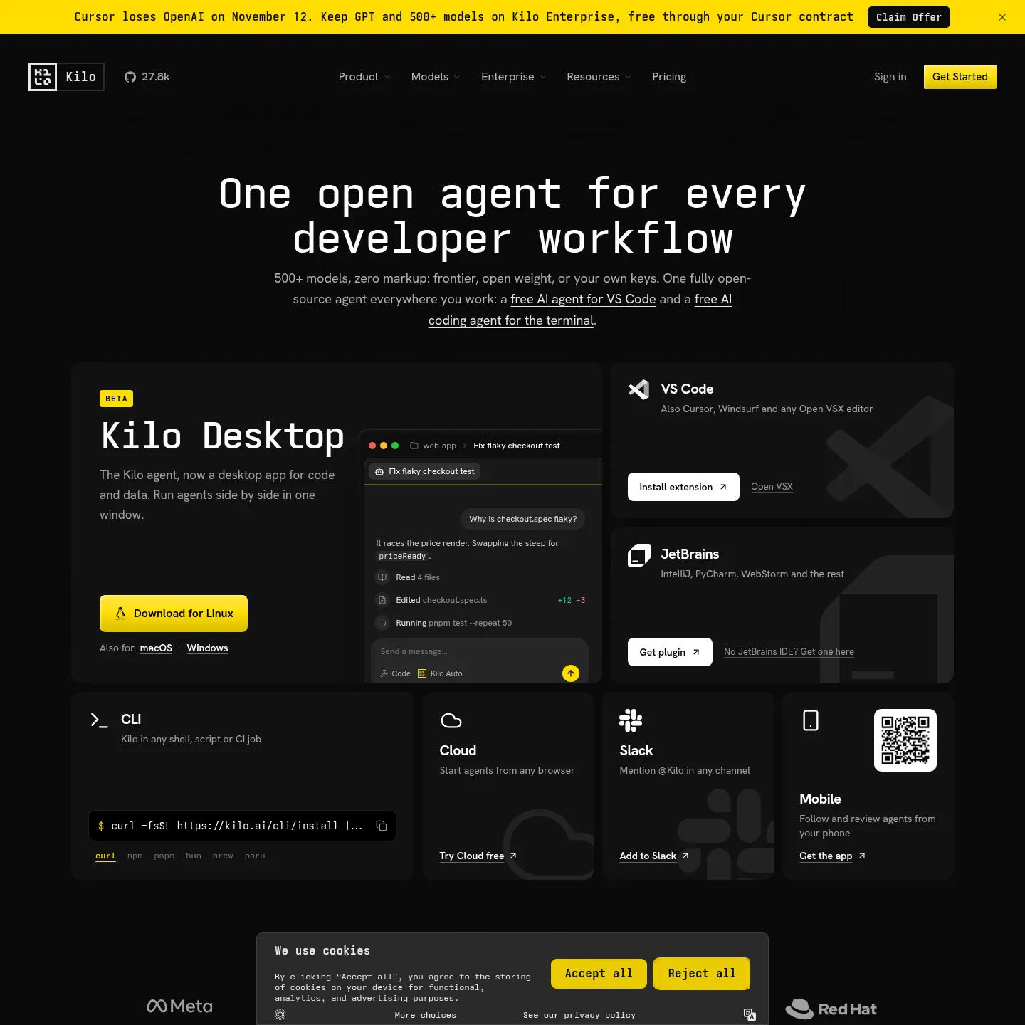 Kilo-Startseite mit den Agentenoberflächen für Editor, Terminal und Cloud