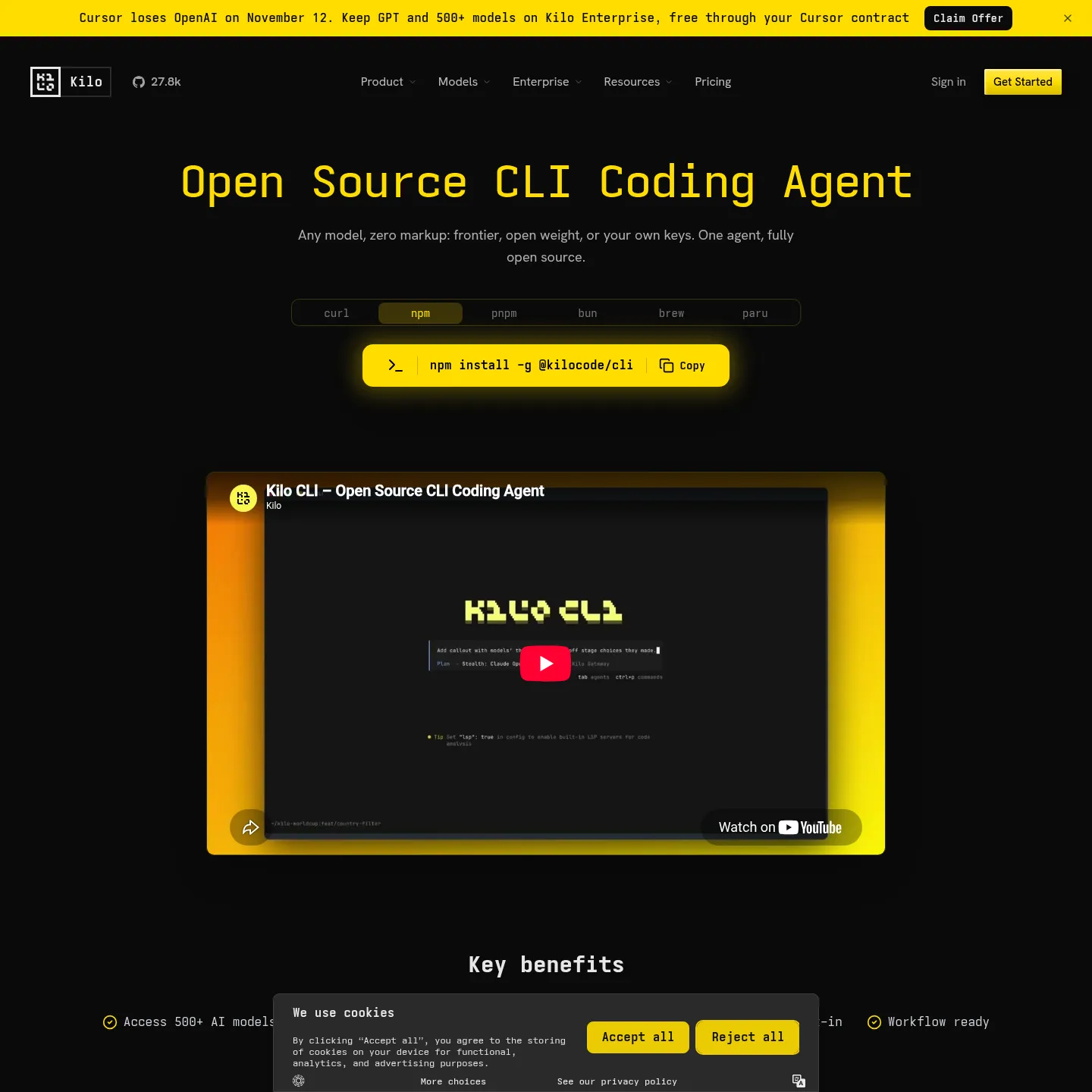 Produktseite der Kilo CLI mit Terminal-Agenten und Modellauswahl
