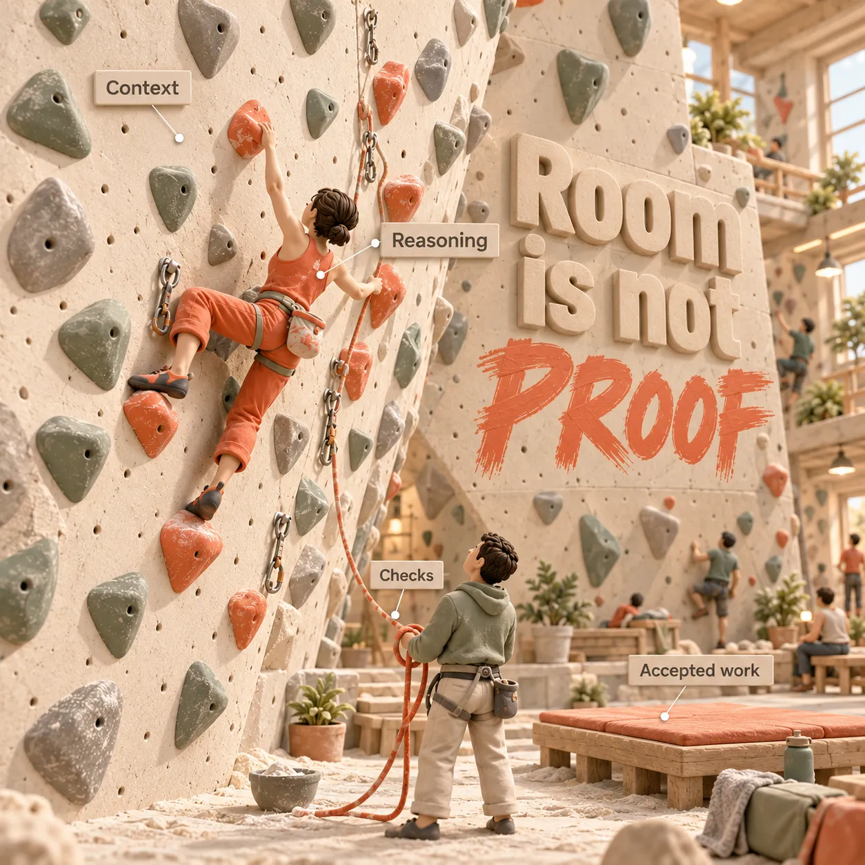 A clay climbing hall distinguishes context capacity, reasoning, checks and accepted work