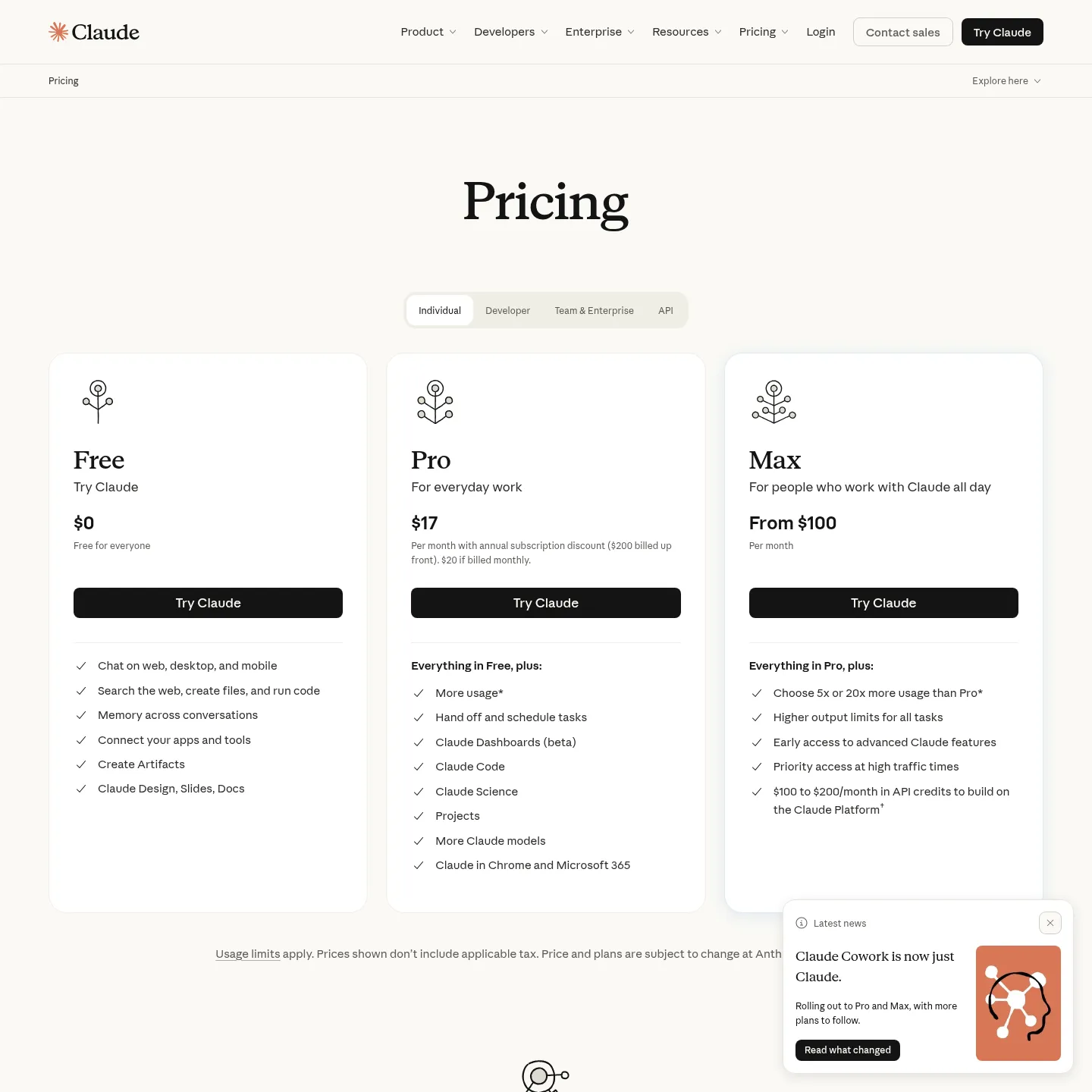 Anthropic's official Claude pricing page