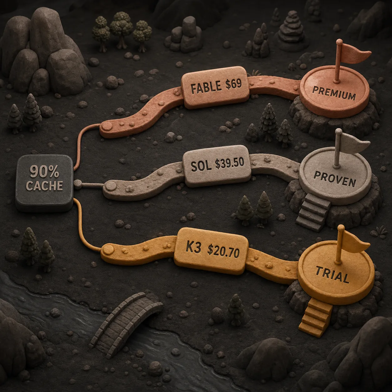 Schéma de décision comparant le coût d’une charge mise en cache avec Kimi K3, GPT-5.6 Sol et Claude Fable 5