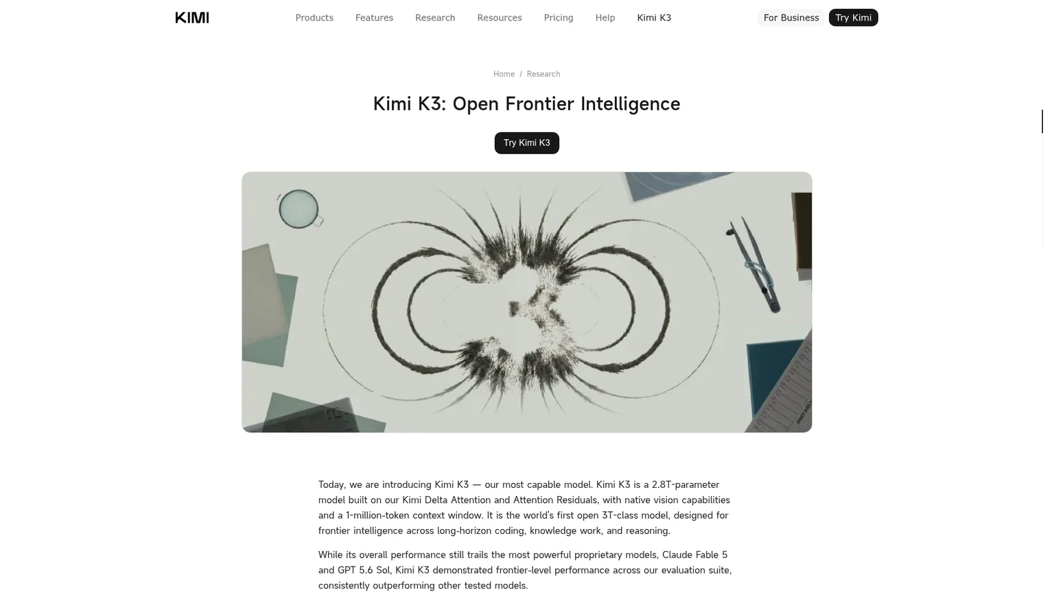 Page de lancement de Kimi K3 avec les caractéristiques du modèle et les benchmarks