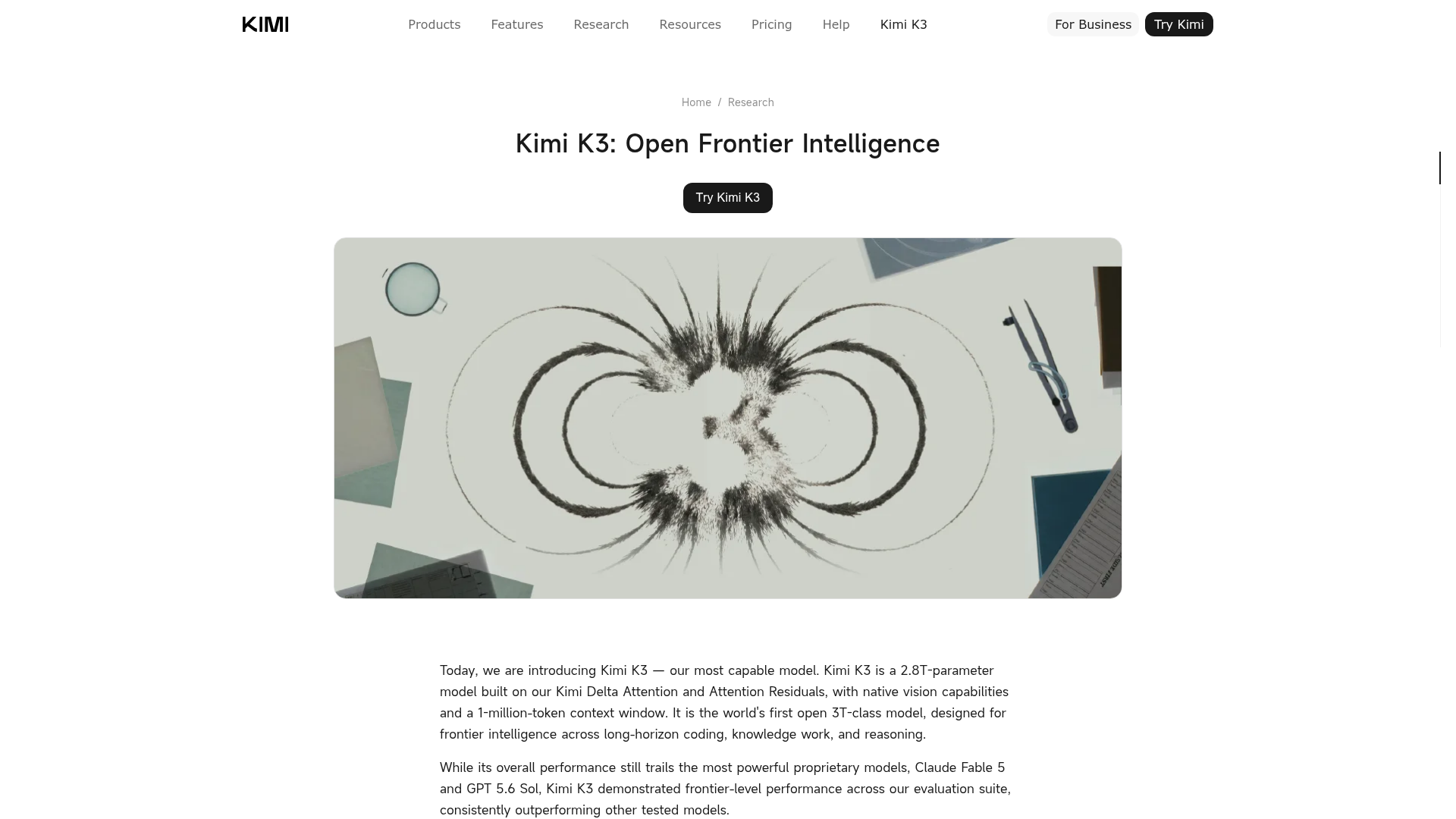 Kimi K3 launch page with model details and benchmark visuals
