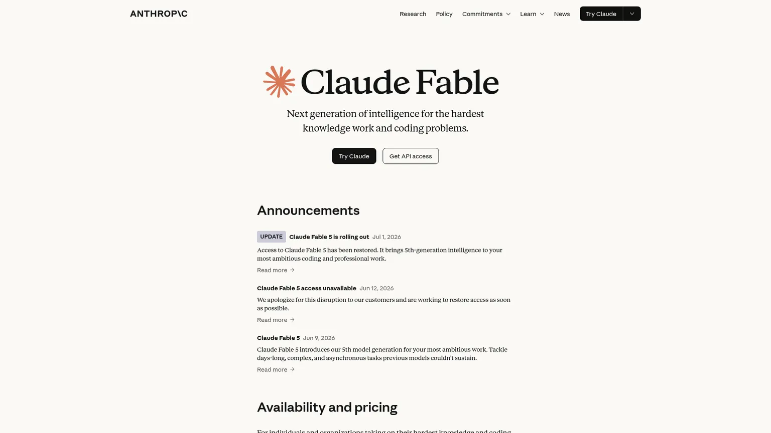 Page produit et tarifs d’Anthropic Claude Fable 5