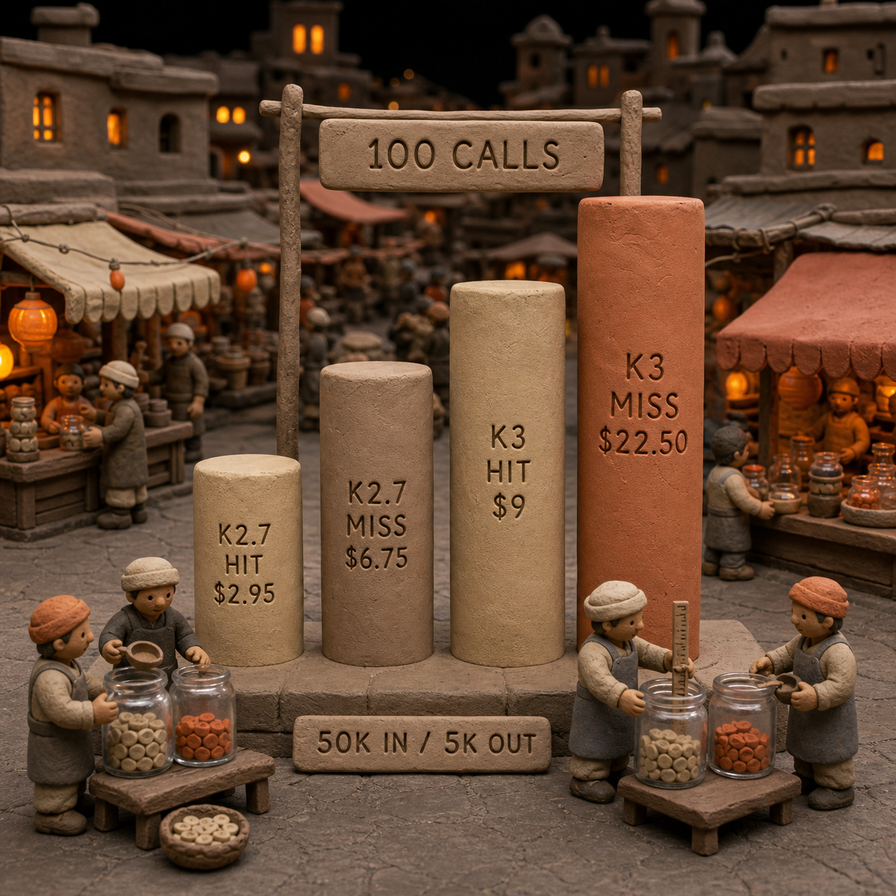 Four-column comparison of K2.7 Code and K3 costs for 100 cached or uncached calls