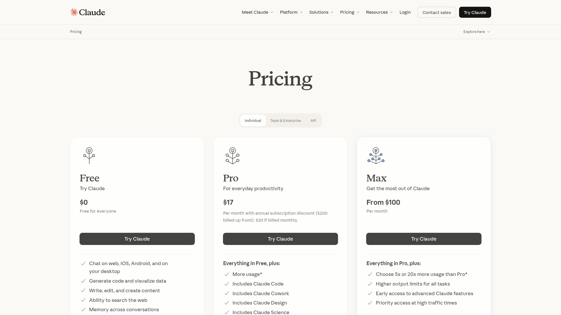 Claude pricing page with Pro plan