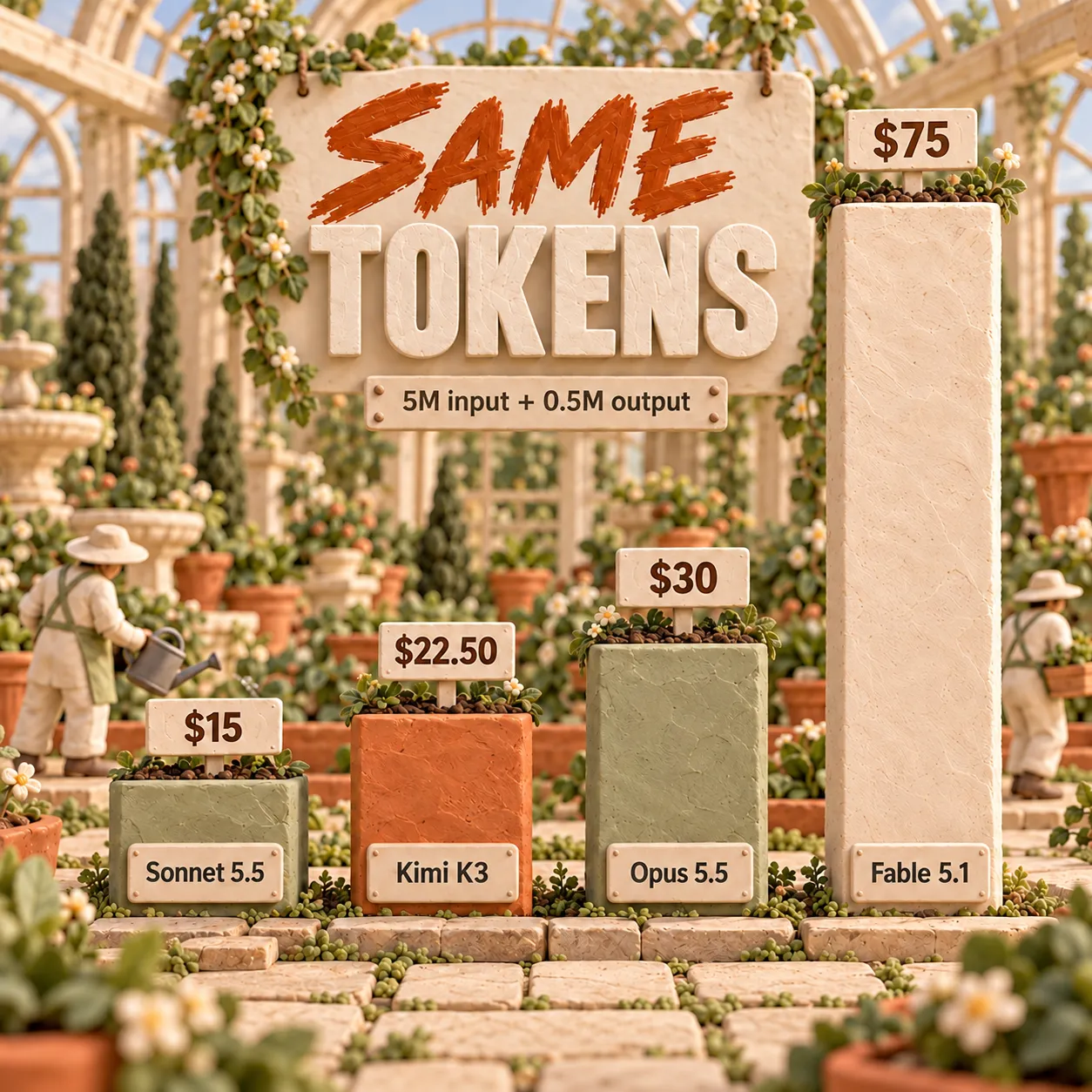 標準API料金の計算結果:Sonnet 5.5は15ドル、Kimi K3は22.50ドル、Opus 5.5は30ドル、Fable 5.1は75ドル