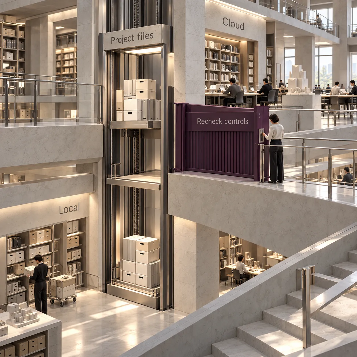 Library section showing project documents moving to a cloud room while a separate control gate requires review