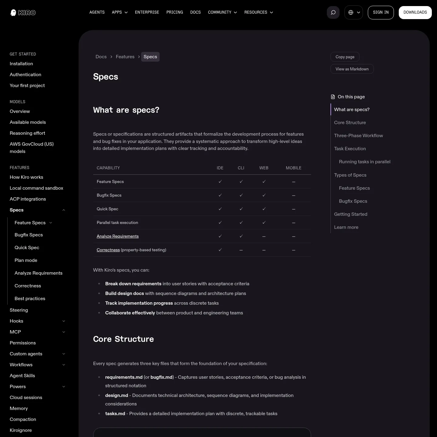 Kiro documentation showing its spec artifacts and task execution workflow