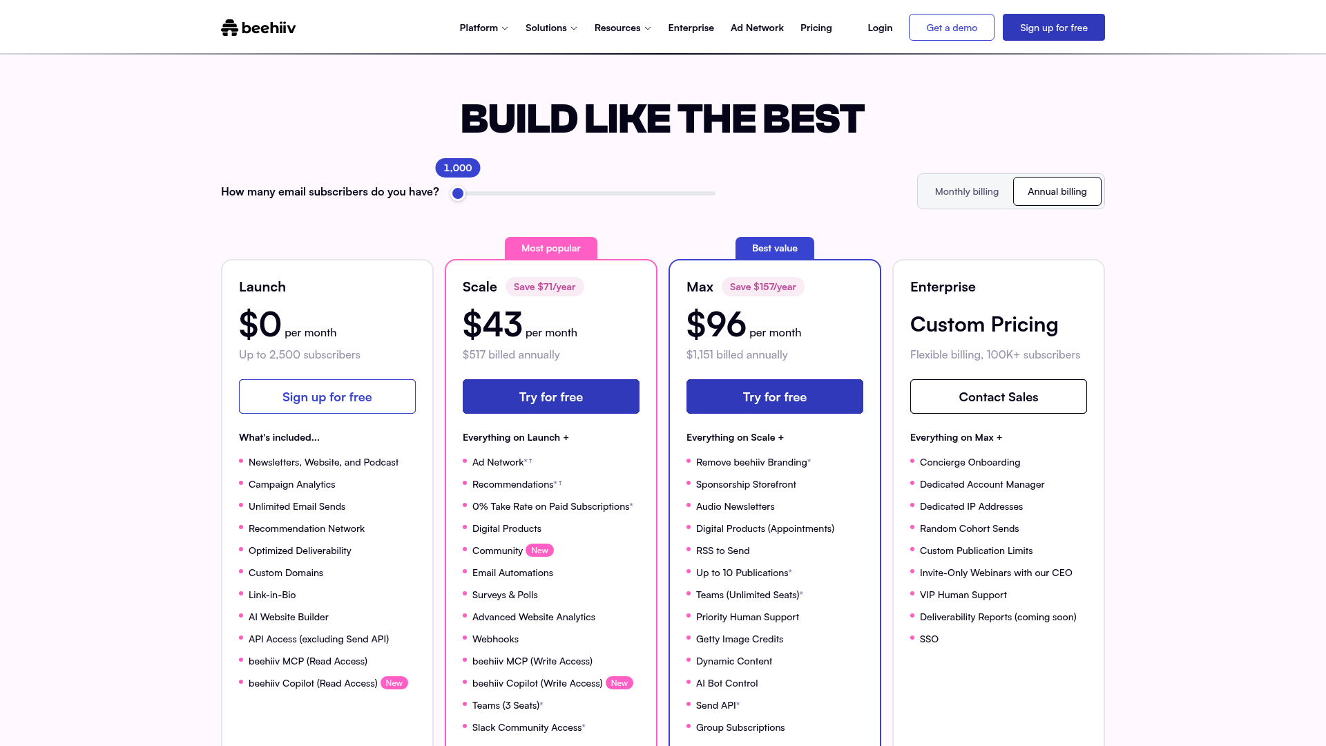 beehiiv pricing page showing Launch, Scale, Max, and Enterprise