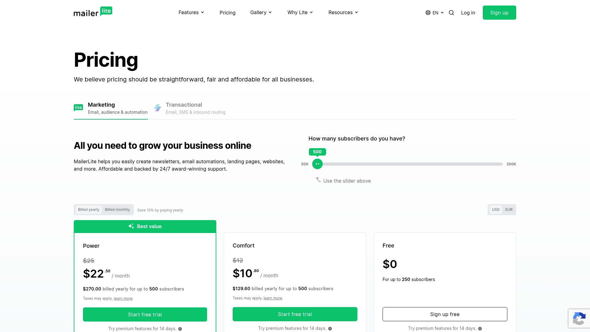 MailerLite pricing page showing Free, Comfort, Power, and Enterprise