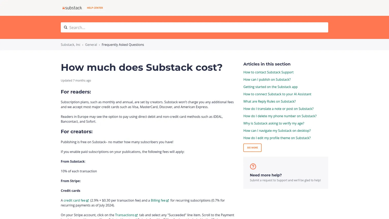 Página oficial de ayuda sobre precios de Substack que explica las comisiones para creadores