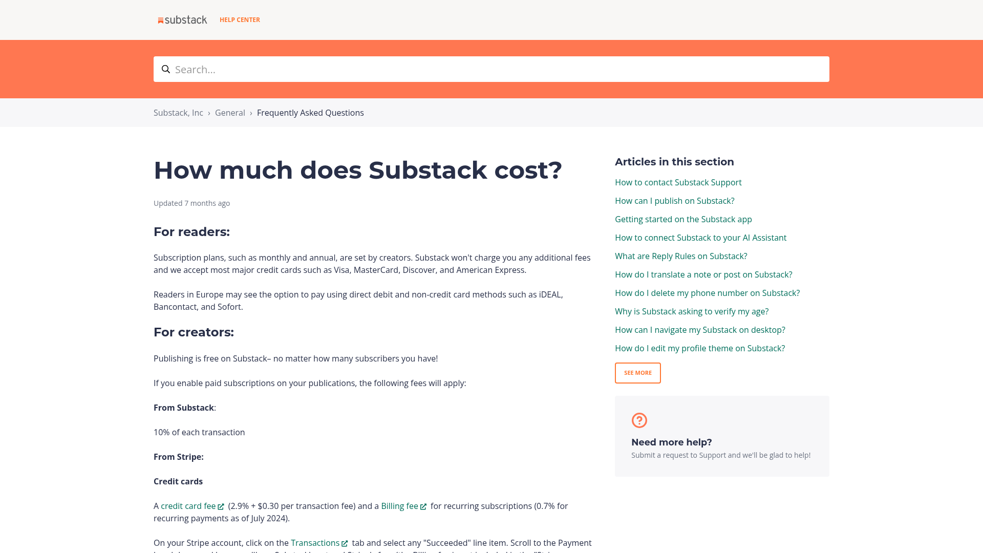 Substack official pricing help page explaining creator fees