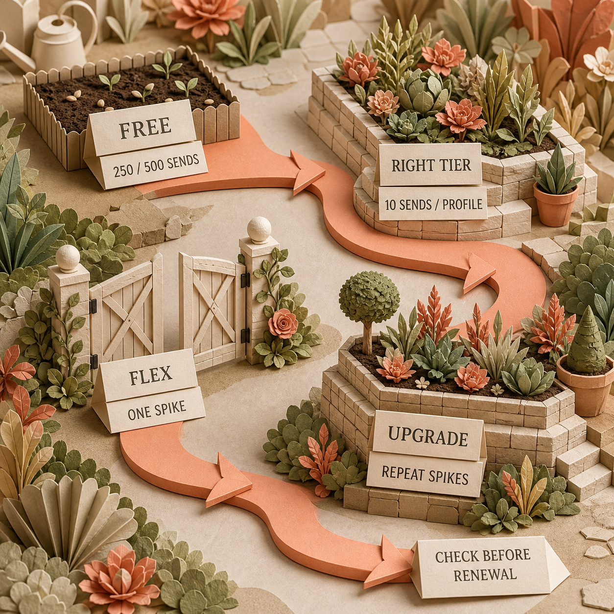 Paper decision path from Klaviyo Free through the right tier, Flex, and Upgrade