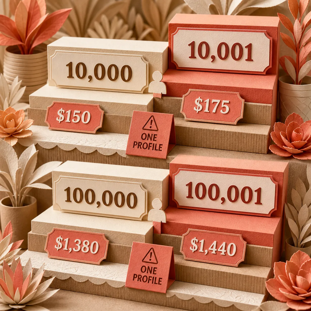 درج ورقي يوضح قفزات أسعار Klaviyo عند 10,001 و100,001 ملف
