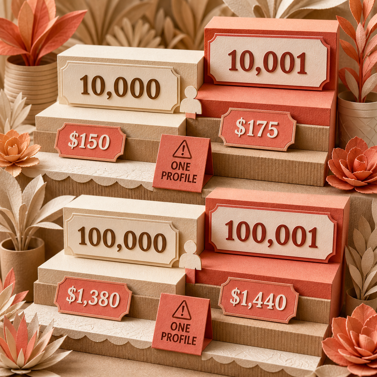 Paper stairs showing Klaviyo price jumps at 10,001 and 100,001 profiles