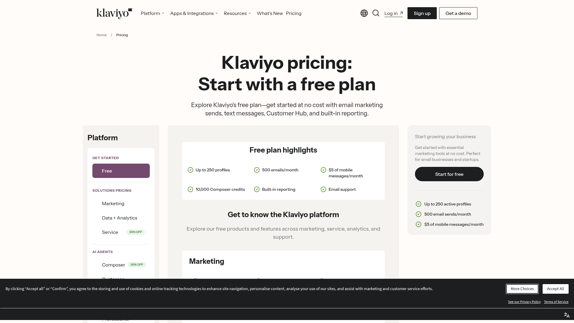 Klaviyo pricing page showing the current free plan and plan builder
