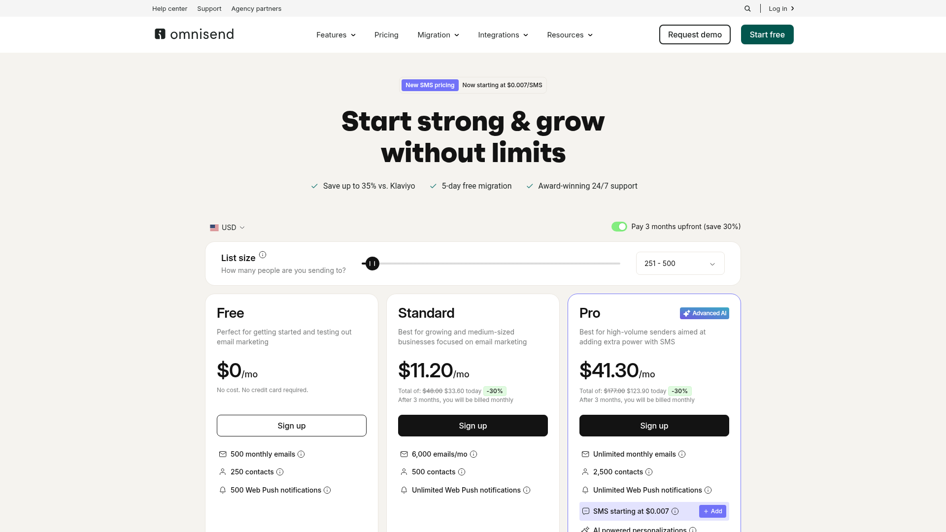 Omnisend pricing page showing Free, Standard, and Pro plans