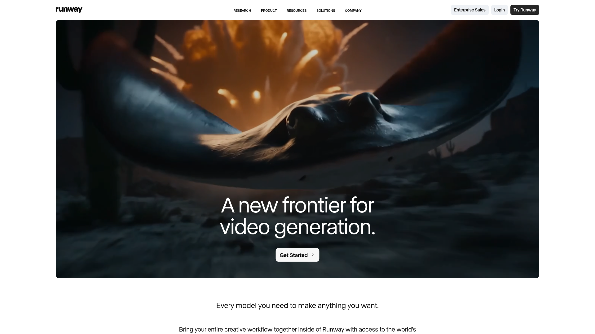 Runway homepage showing its AI video generation and editing tools