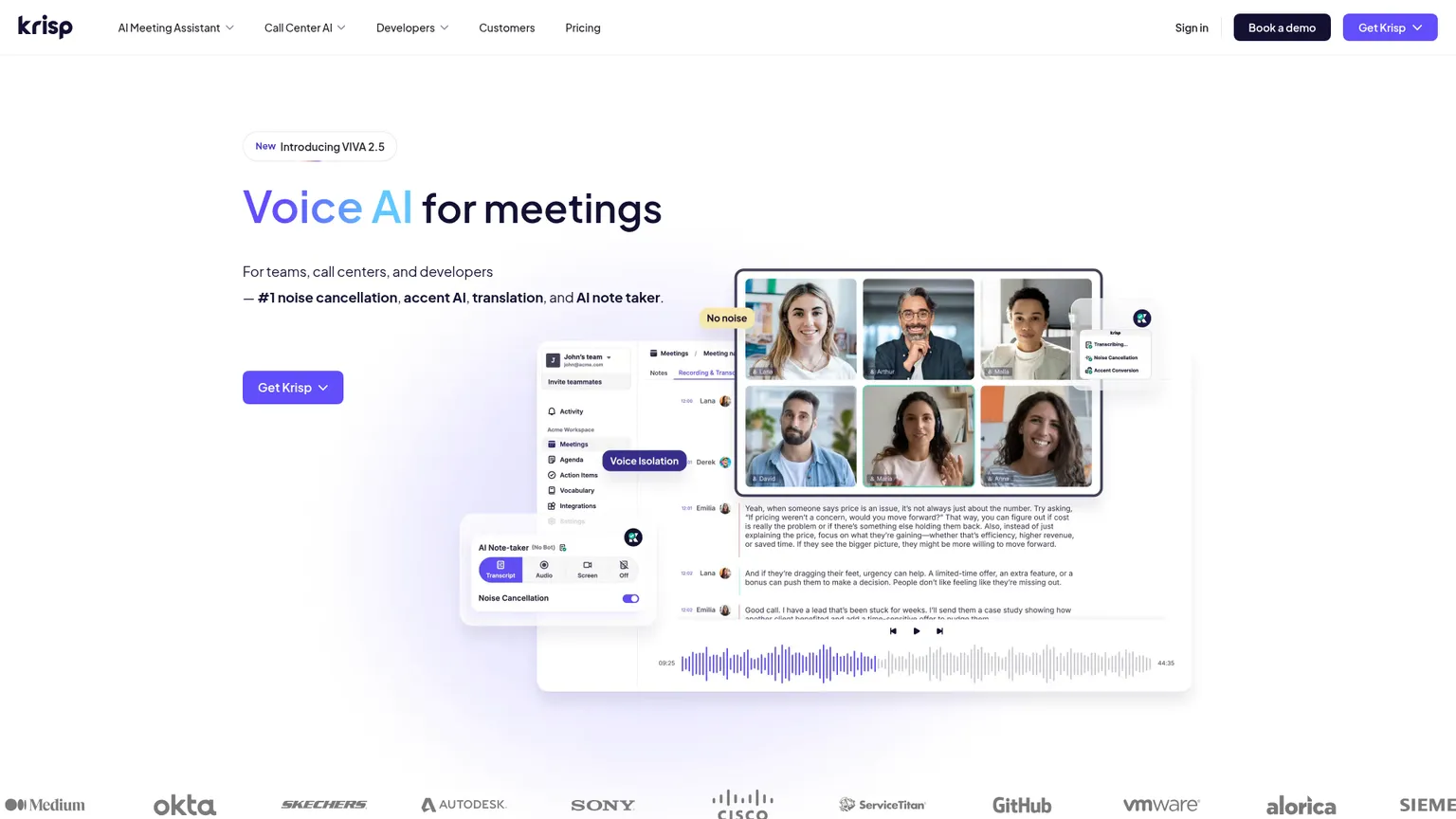 Krisp homepage showing its meeting audio and assistant products