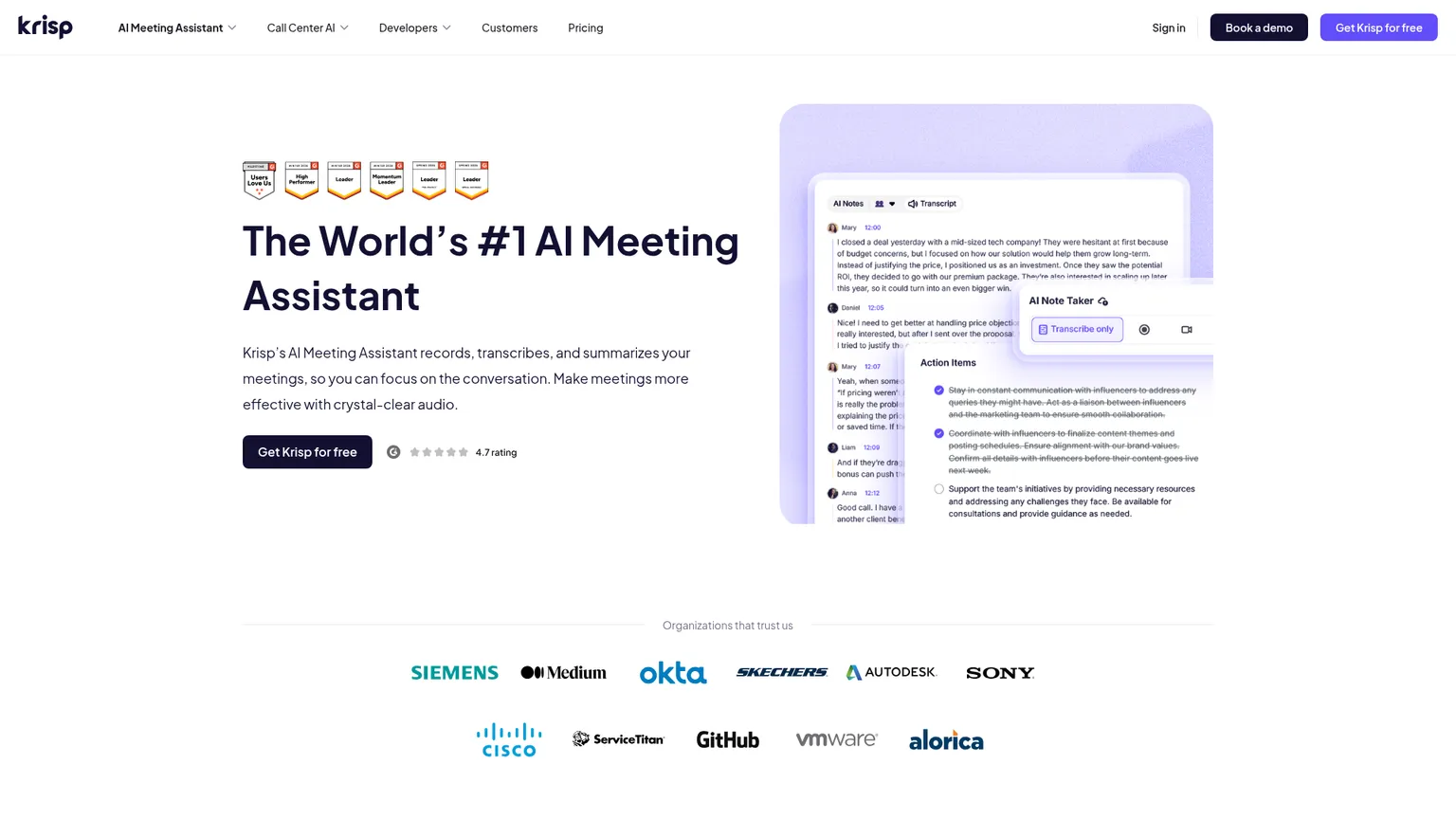 Krisp AI Meeting Assistant page showing notes, audio, and accent features