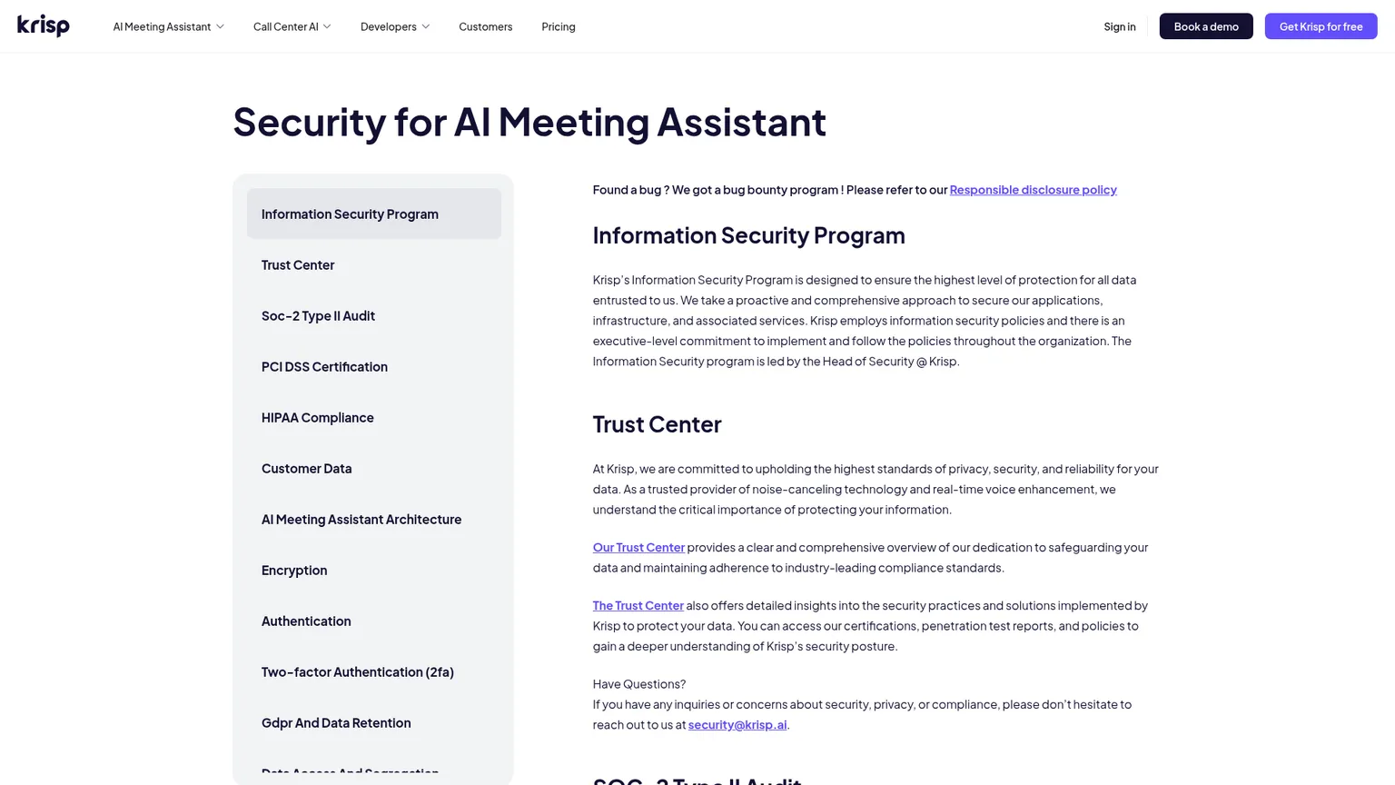 Krisp Meeting Assistant security page detailing stored data and controls