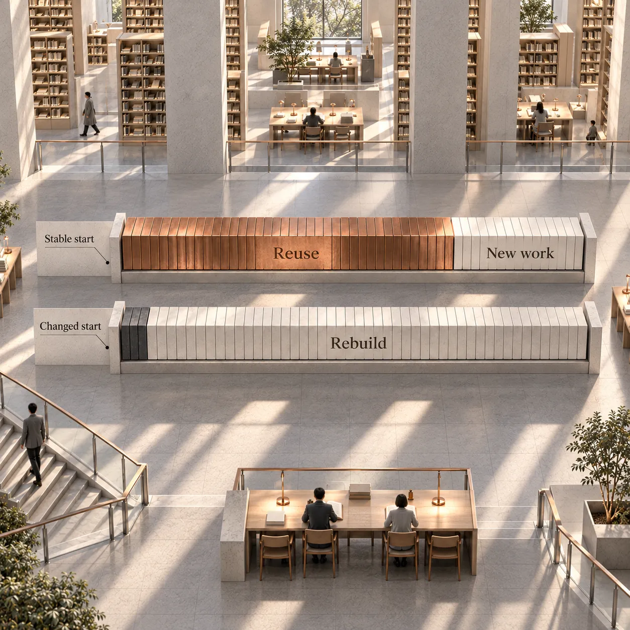 Two equal-length architectural shelves compare a stable beginning that can be reused with a changed beginning that requires downstream rebuilding.