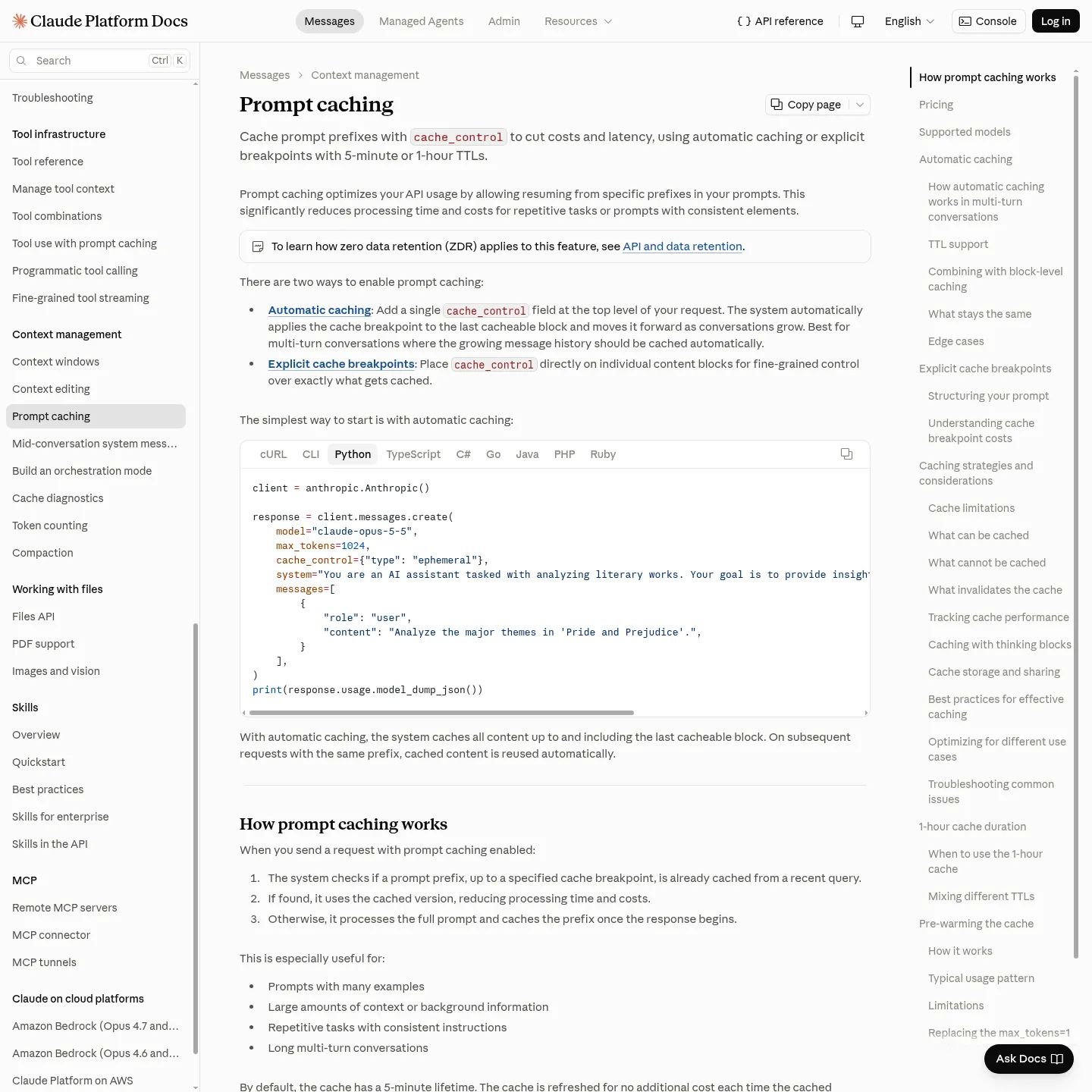 Anthropic's official prompt-caching documentation with automatic caching and cache-control guidance.
