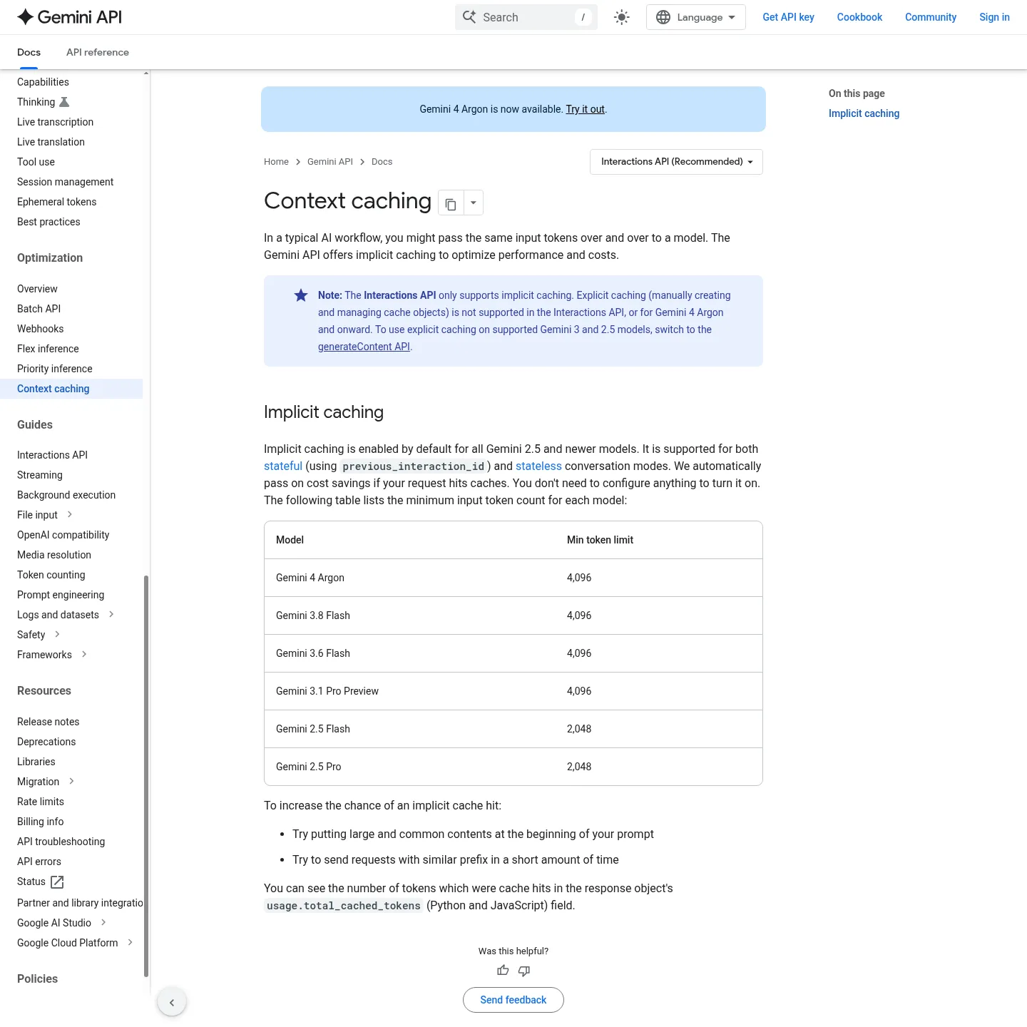 Google's official Gemini context-caching guide with implicit caching and minimum input requirements.