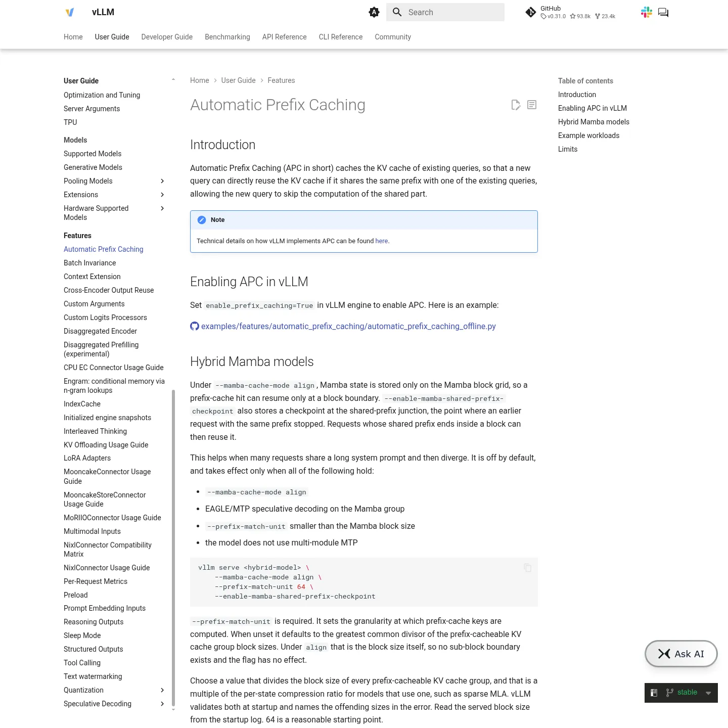 vLLM's Automatic Prefix Caching documentation with the enable-prefix-caching setting and workload examples.
