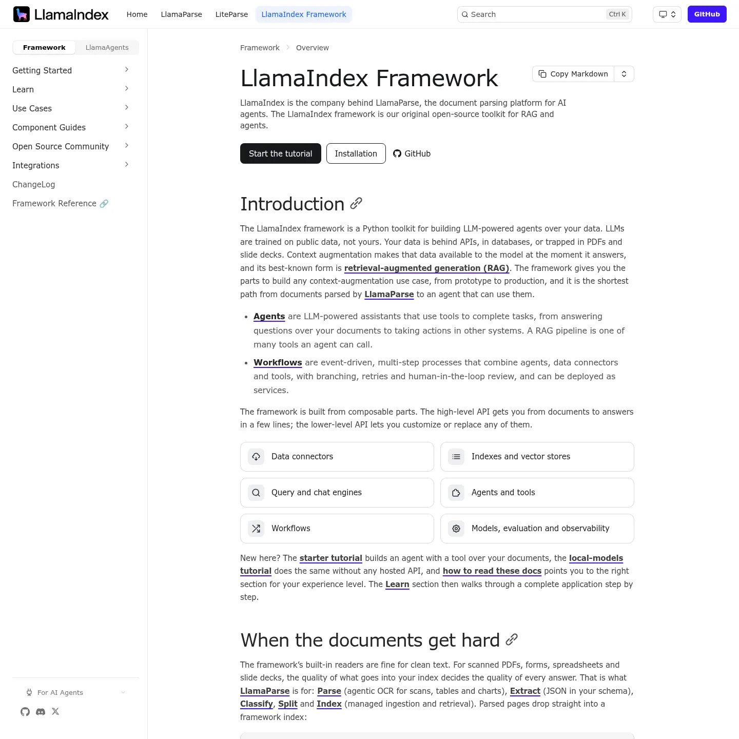 LlamaIndex framework documentation showing its document and agent building blocks
