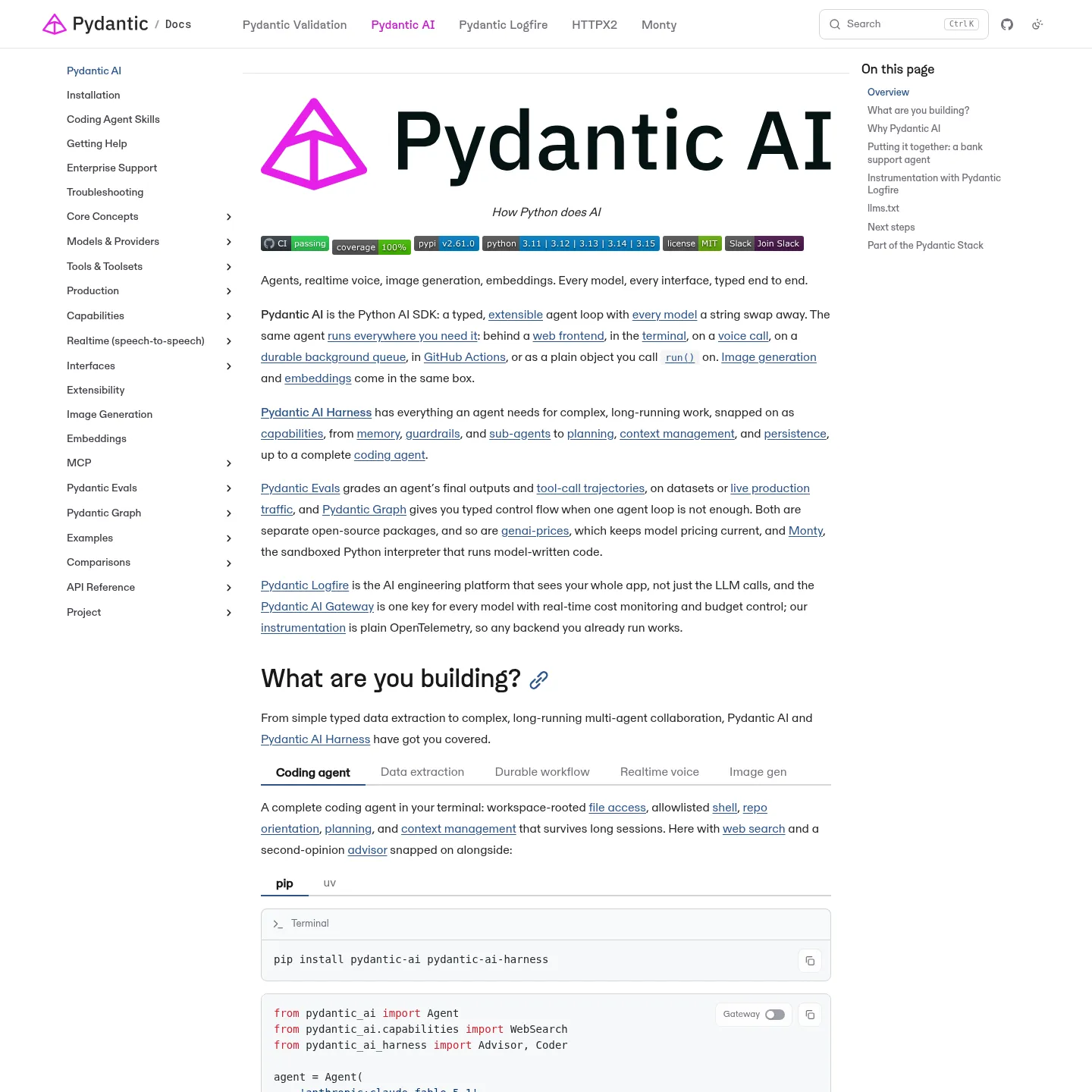 Pydantic AI official overview of typed agents and structured outputs