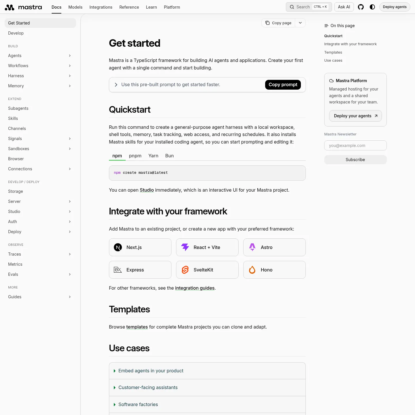 Mastra official documentation for TypeScript agents and applications