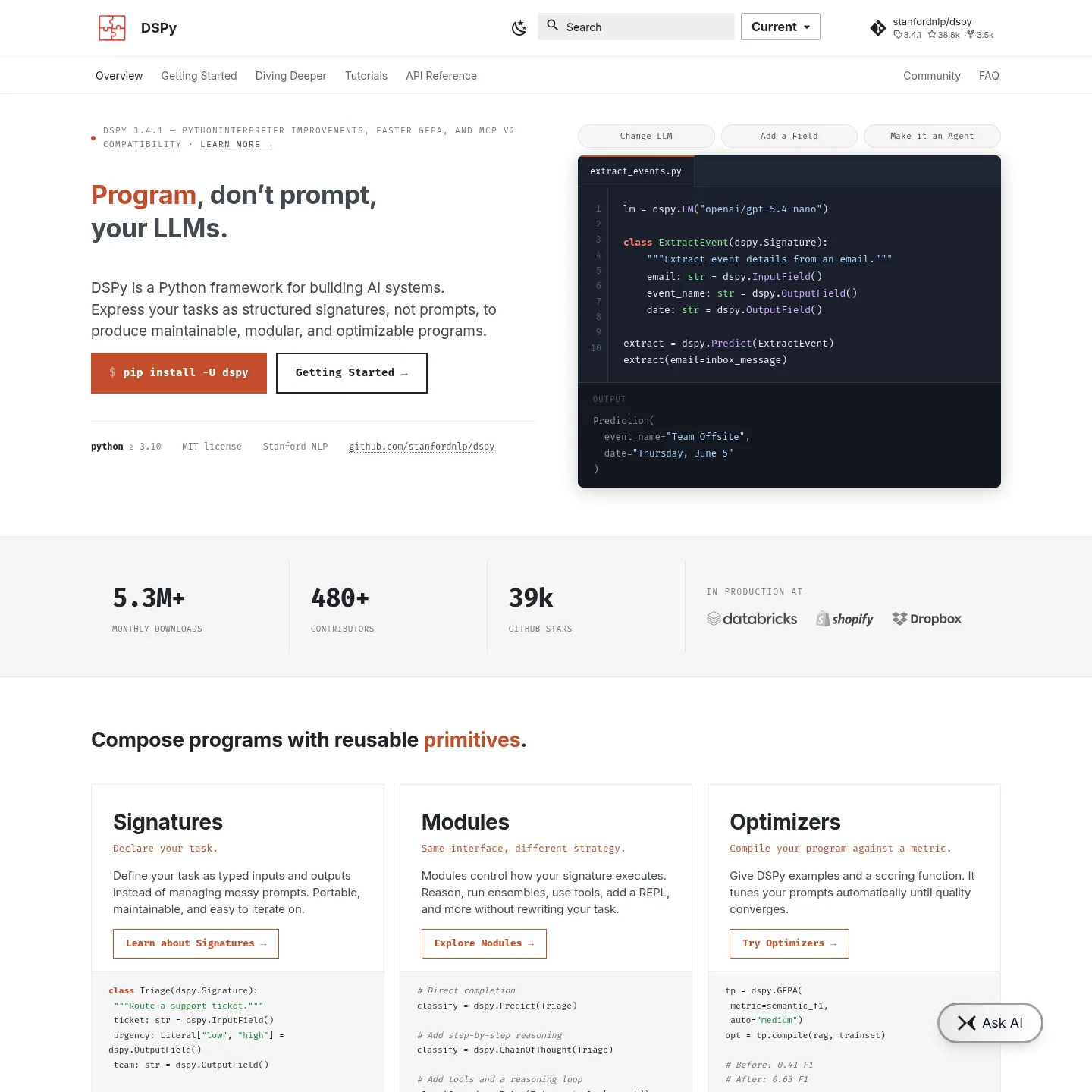 DSPy official documentation introducing signatures, modules and optimization