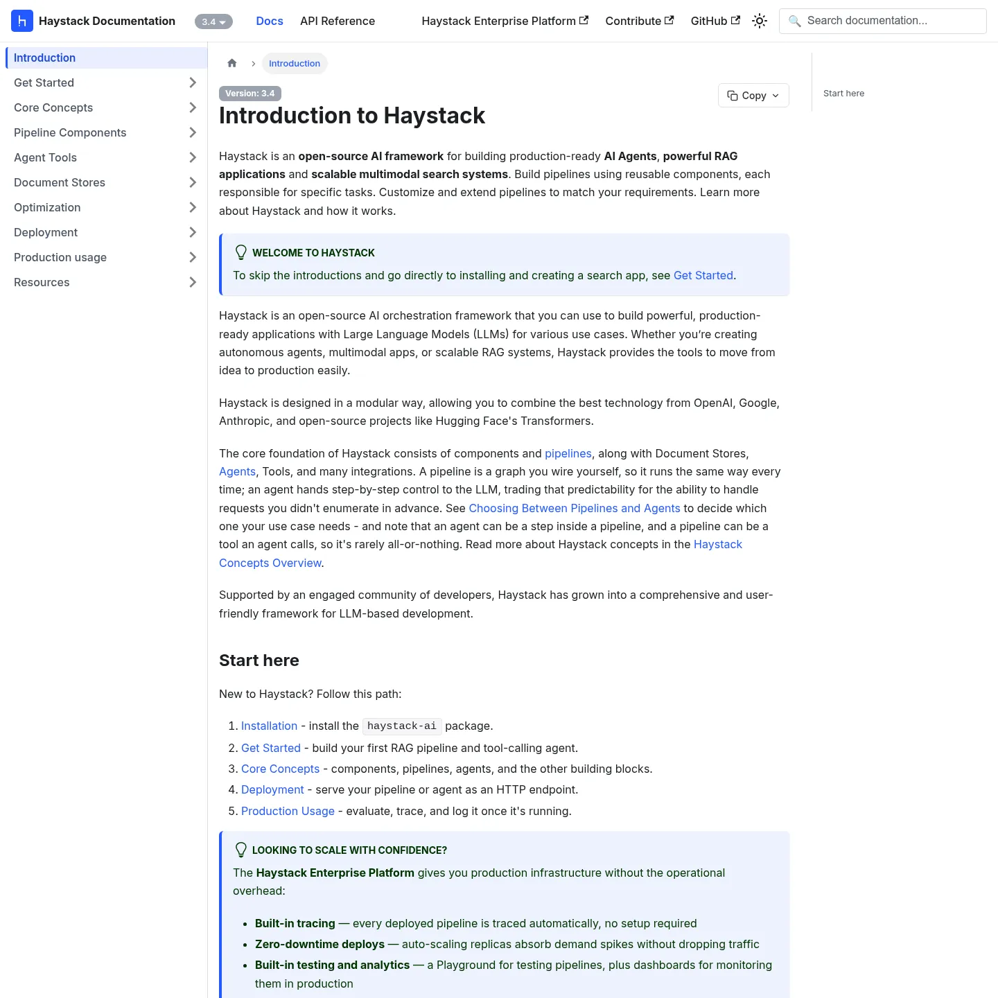Haystack official documentation describing components, pipelines and agents