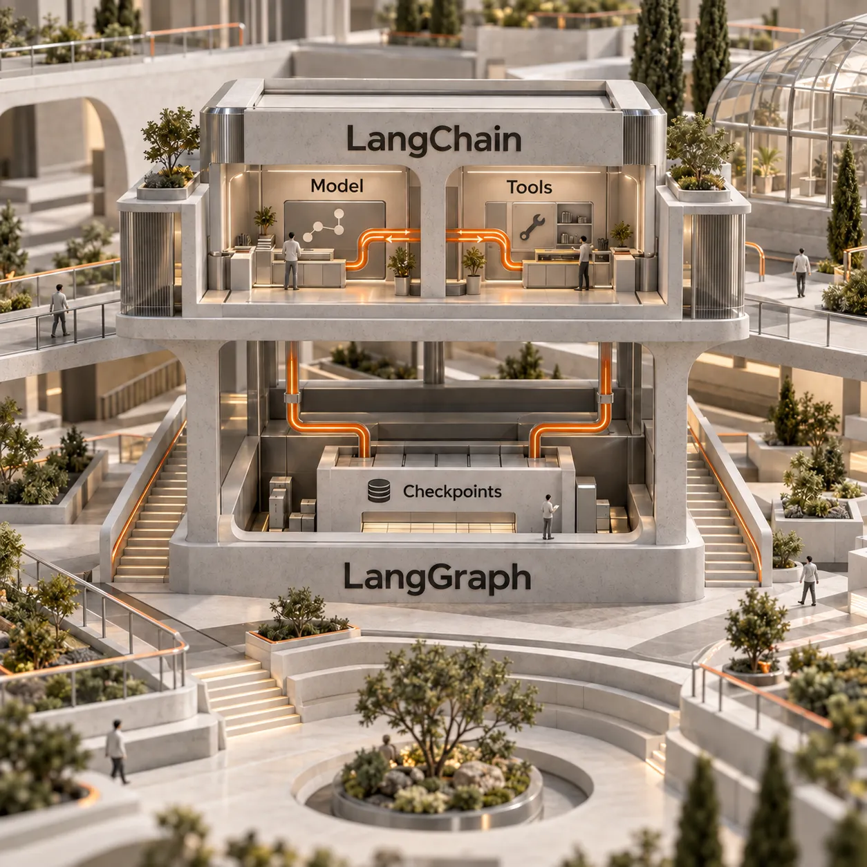 Architektonischer Schnitt mit einer LangChain-Modell-Tool-Schleife auf der LangGraph-Laufzeitumgebung samt Checkpoints