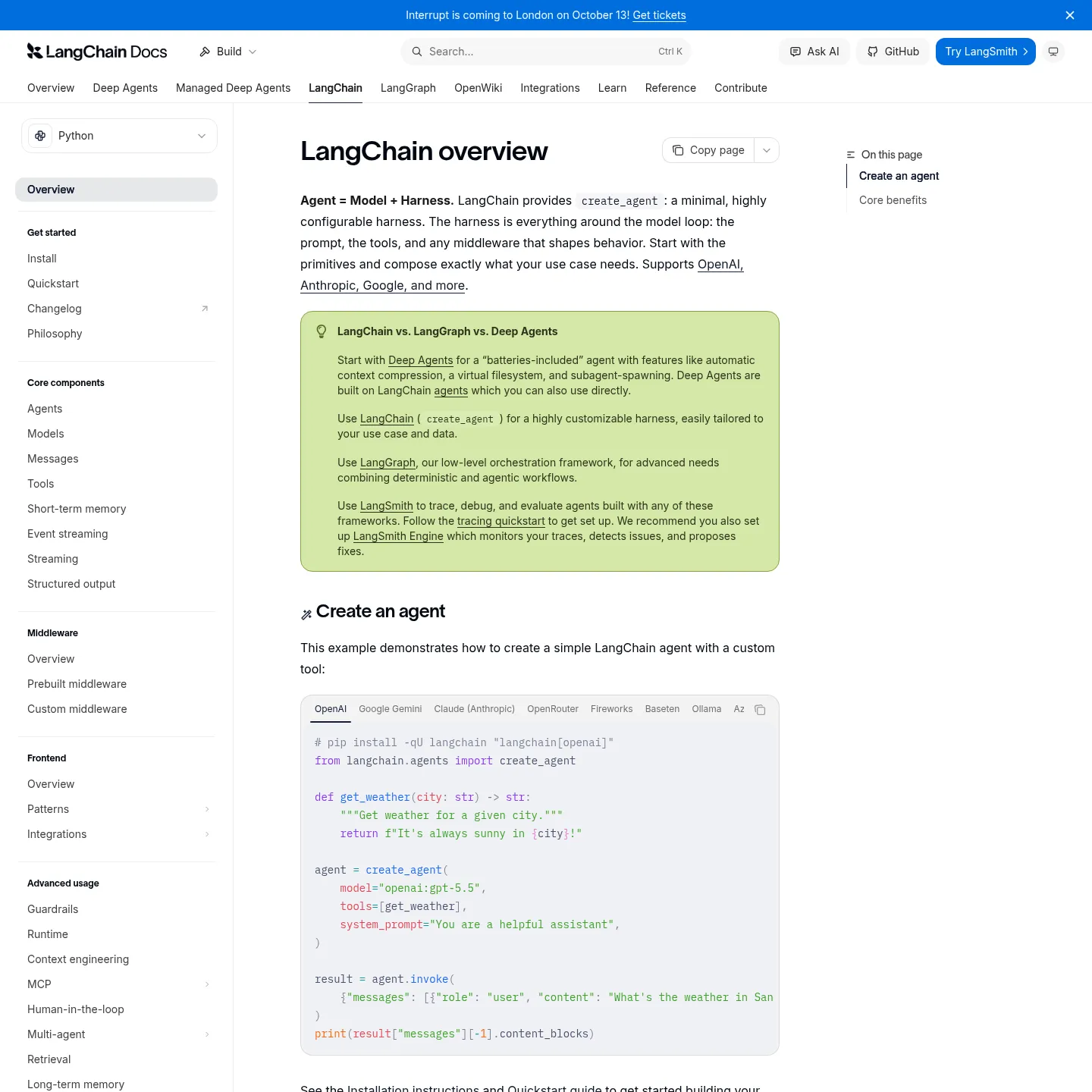 LangChain-Dokumentation zu create_agent und seiner Grundlage in LangGraph