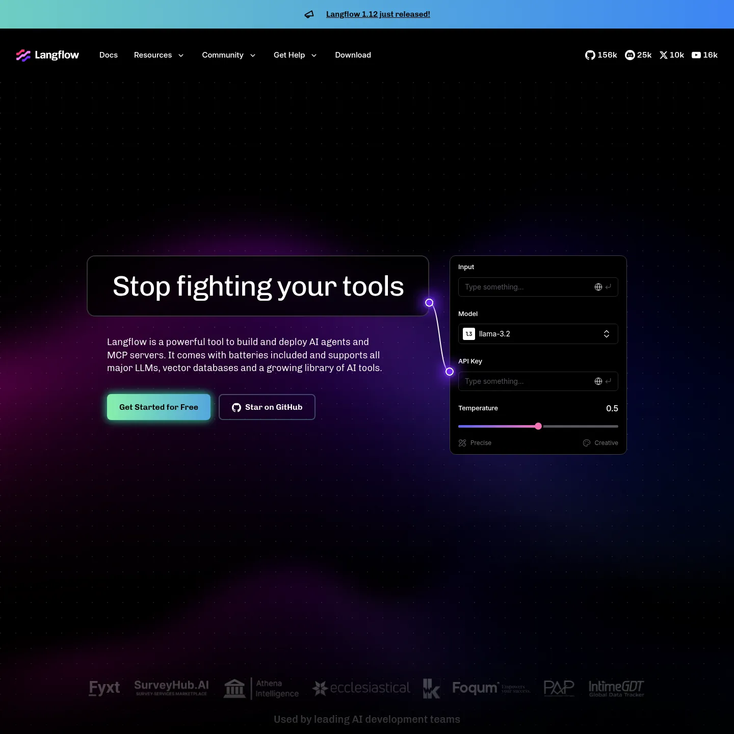 Langflow product homepage showing its visual AI workflow builder