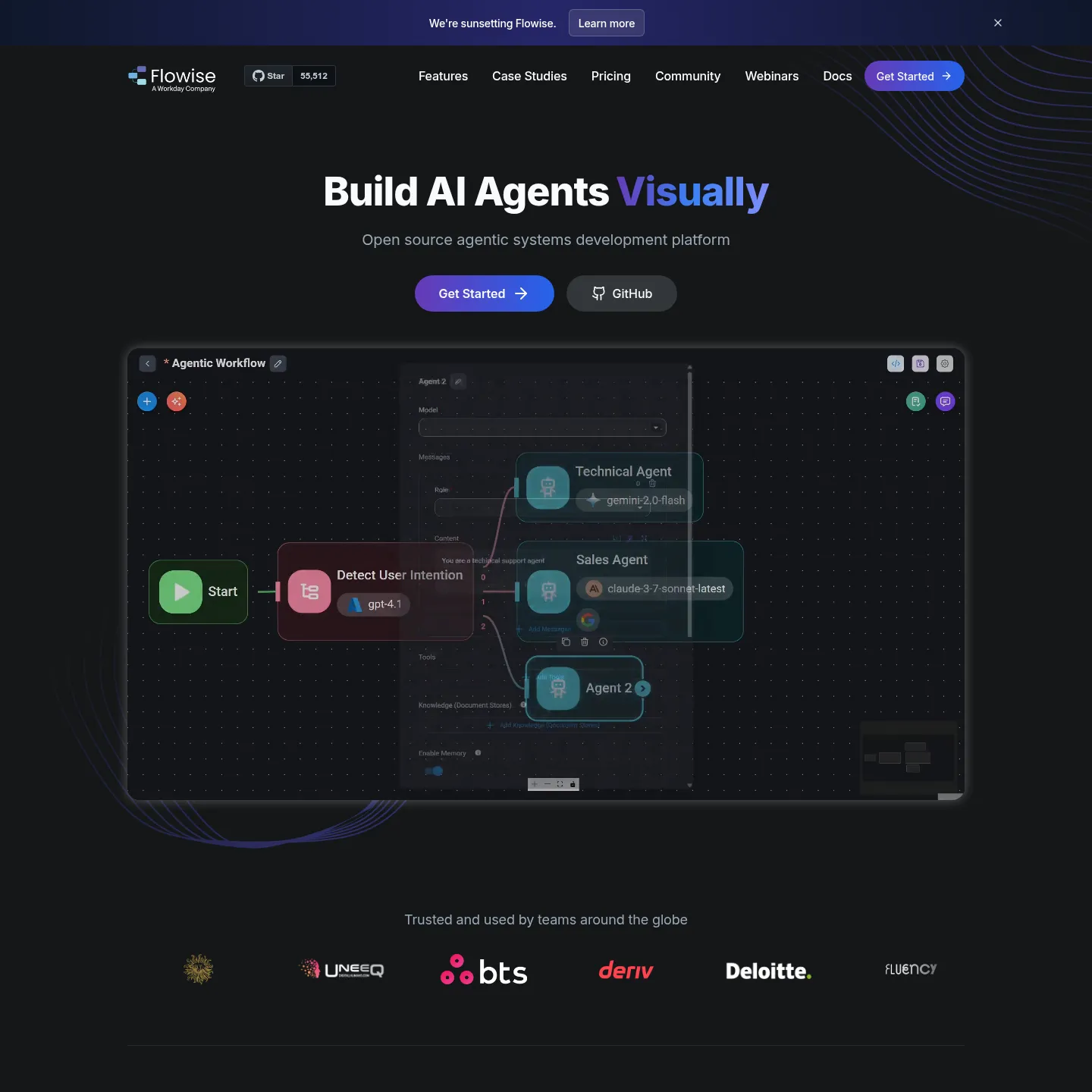 Flowise product homepage with its visual agent builder and sunset announcement