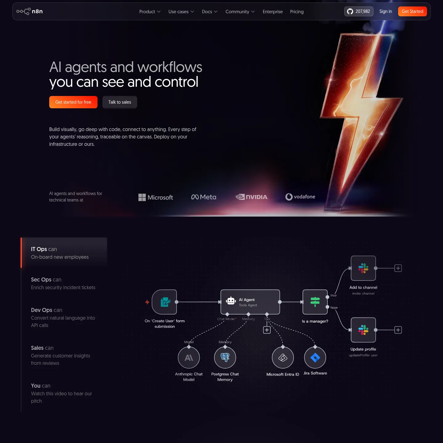 n8n homepage showing AI agents and business workflow automation