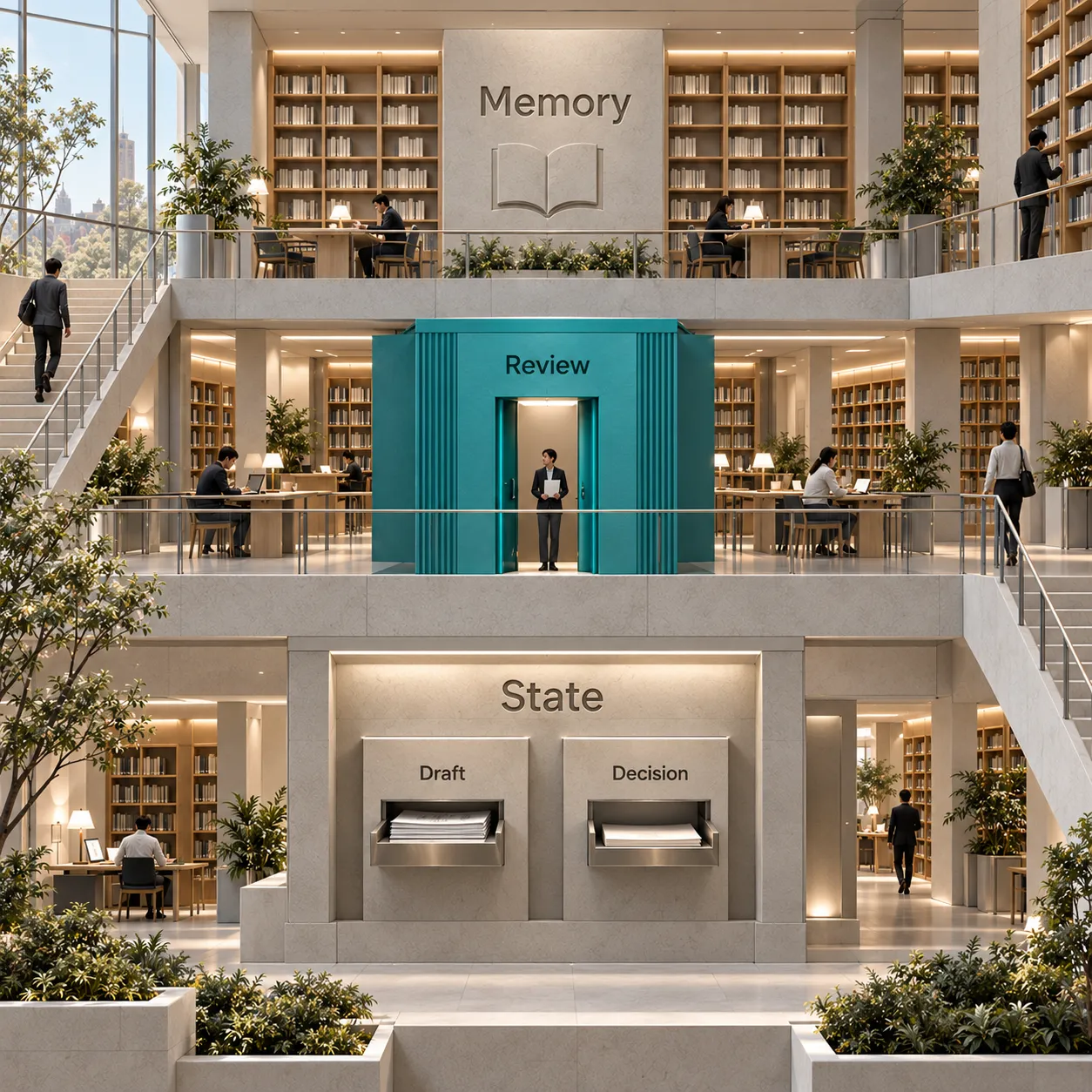 Architectural section separating a State room containing the draft and decision from a shared Memory gallery and a human Review doorway