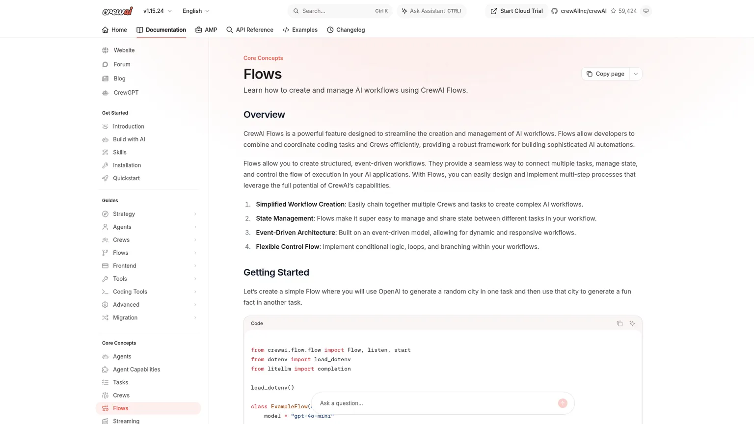 CrewAI official Flow documentation showing explicit state and event-based workflow composition