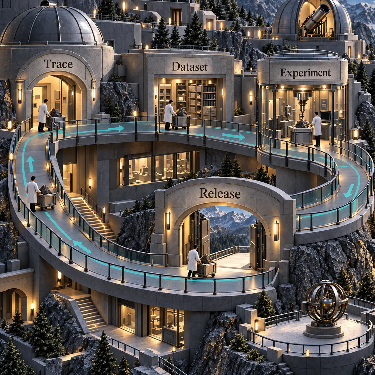 An architectural walkway connects Trace, Dataset, Experiment and Release, with a return path to Trace