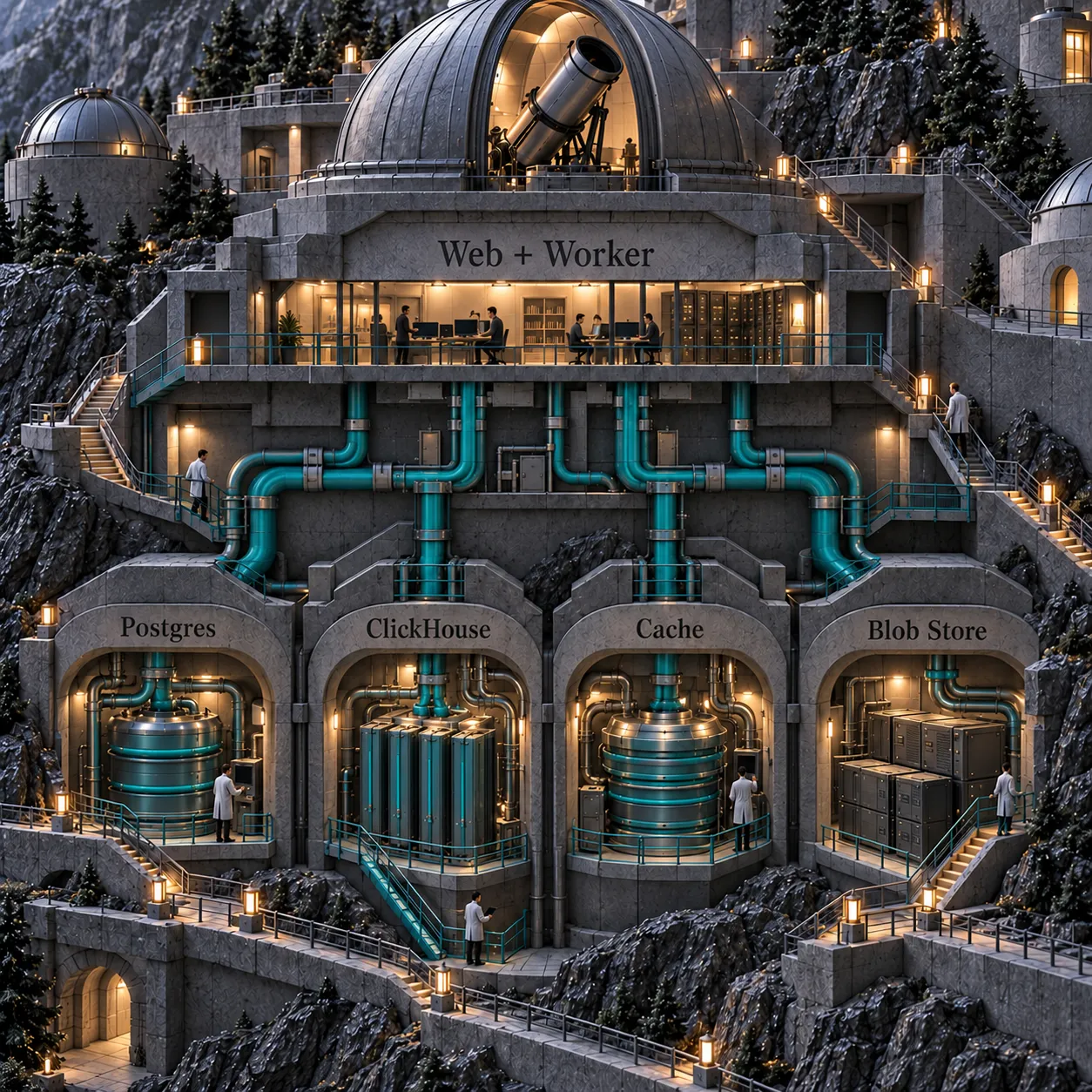 An observatory cutaway places Web and Worker above Postgres, ClickHouse, Cache and Blob Store service chambers