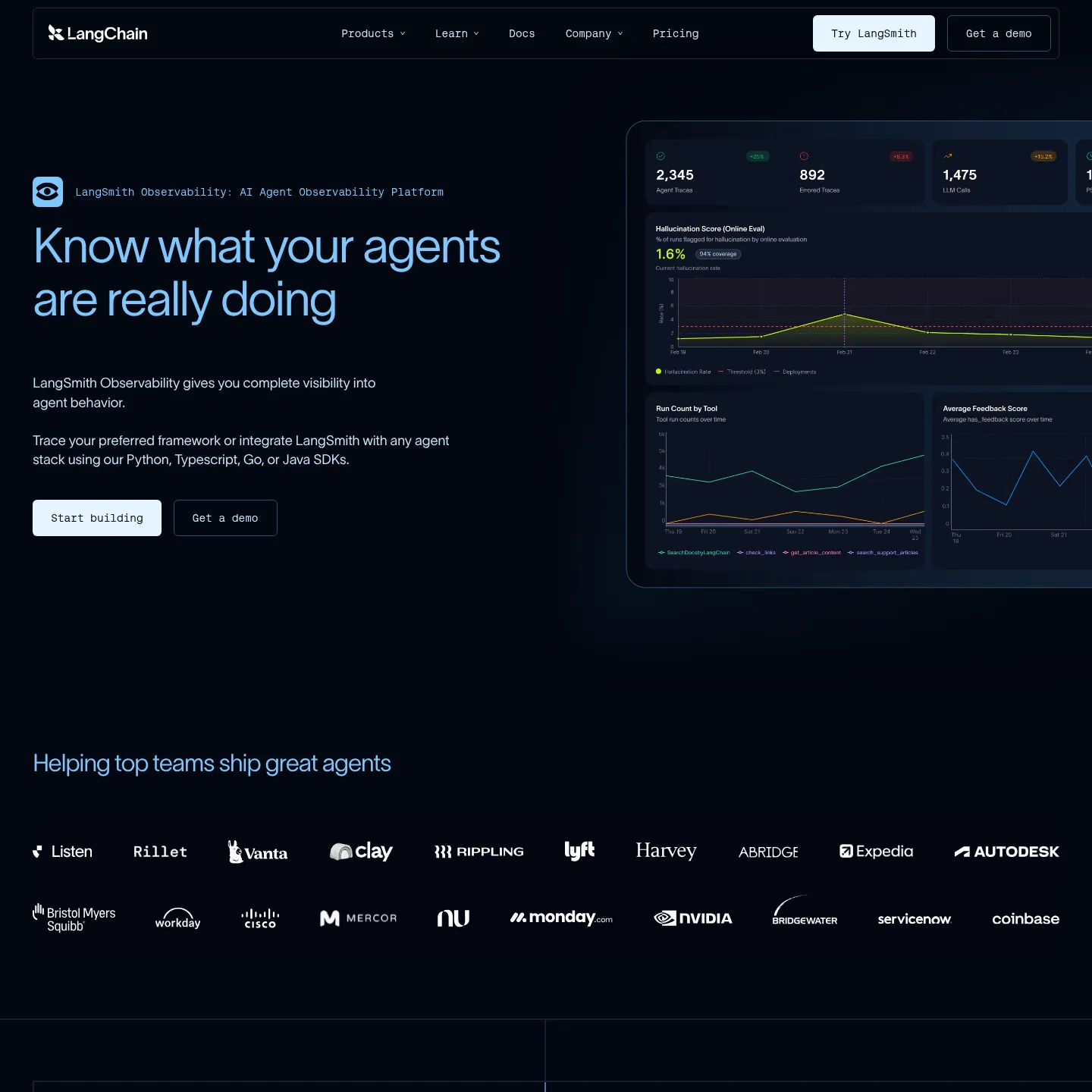 LangSmith's official observability page showing its agent tracing and production monitoring features