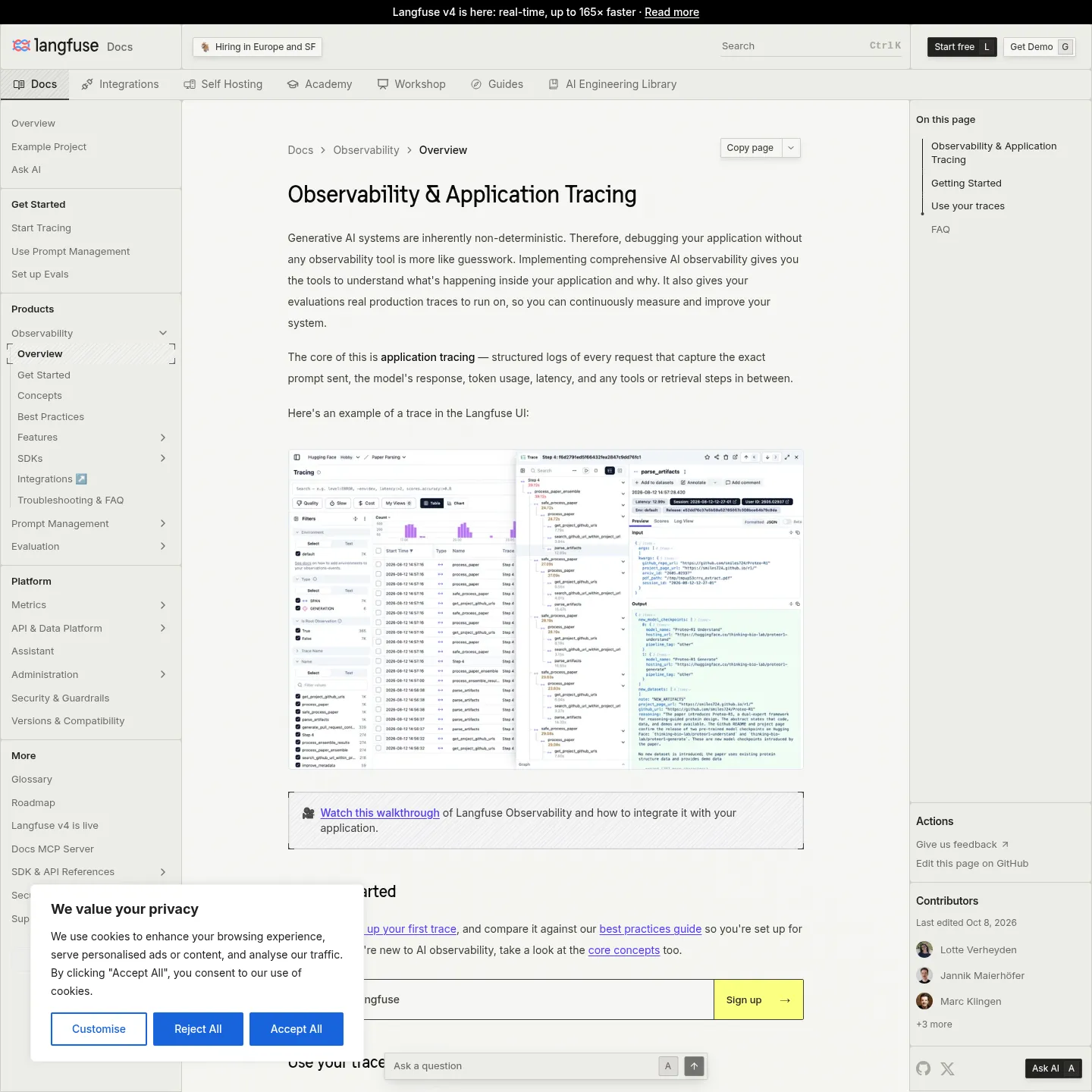 Langfuse's official tracing documentation showing a trace with nested observations, timing, inputs and outputs