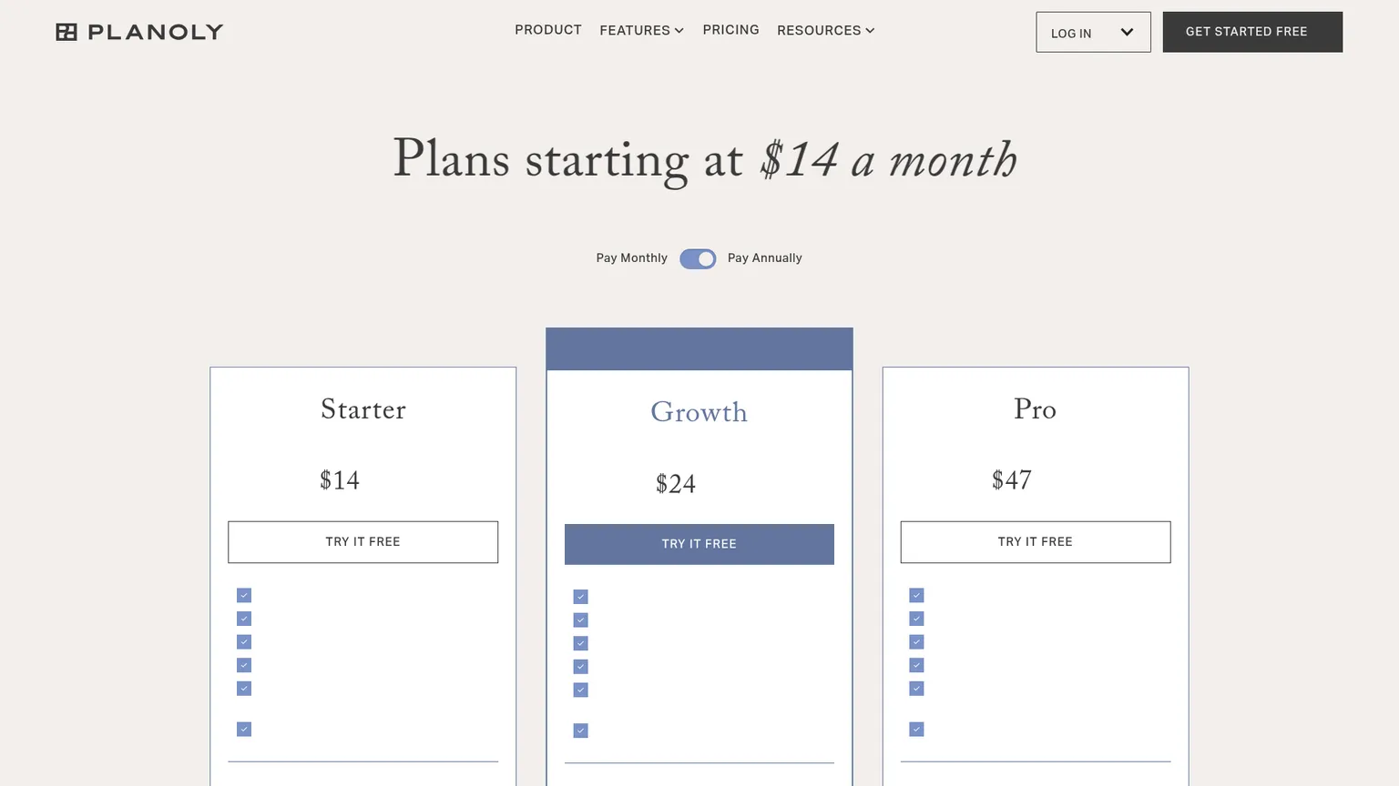 Planoly pricing page showing Starter, Growth, and Pro plans