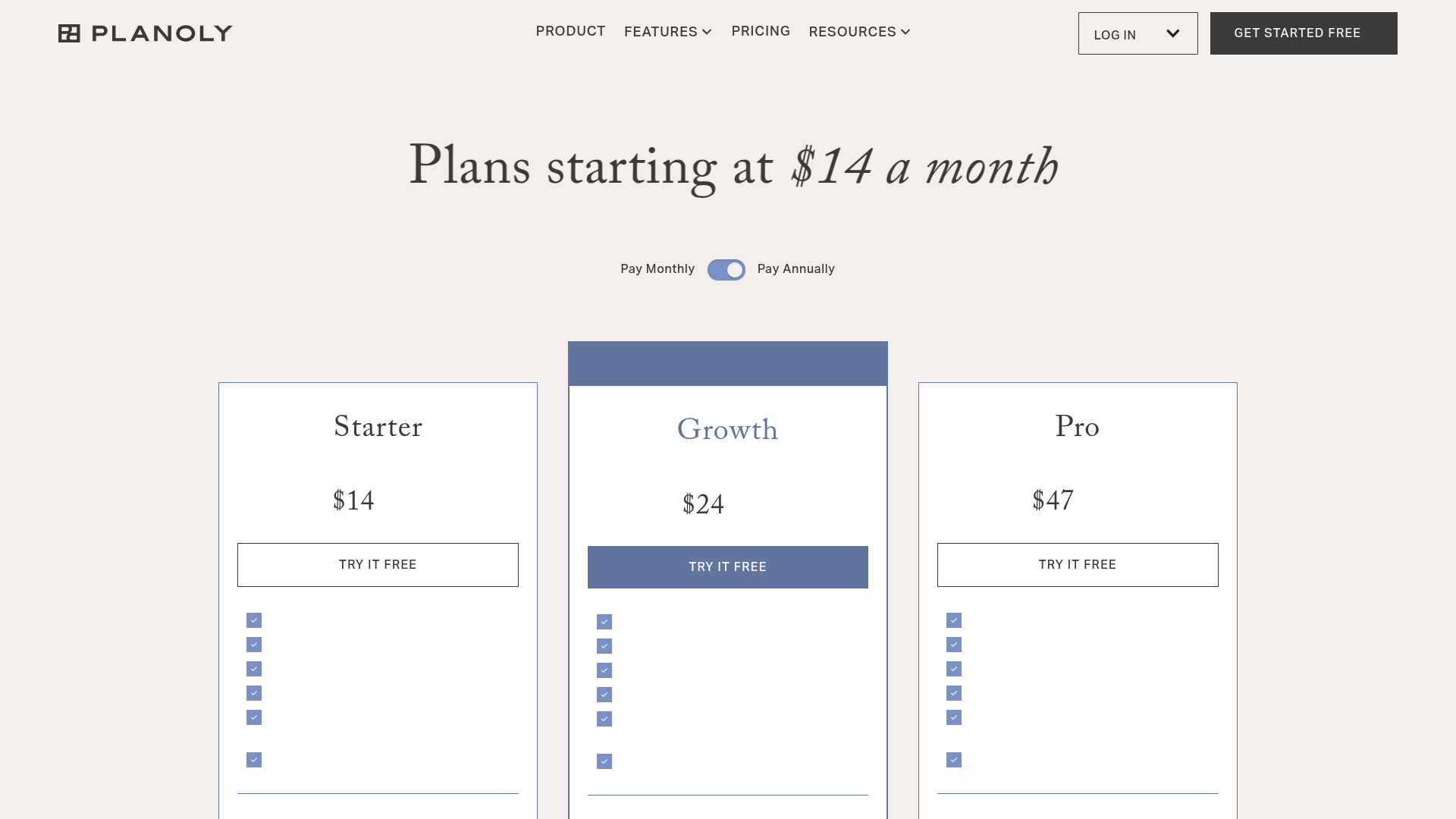 Planoly pricing page showing Starter, Growth, and Pro plans