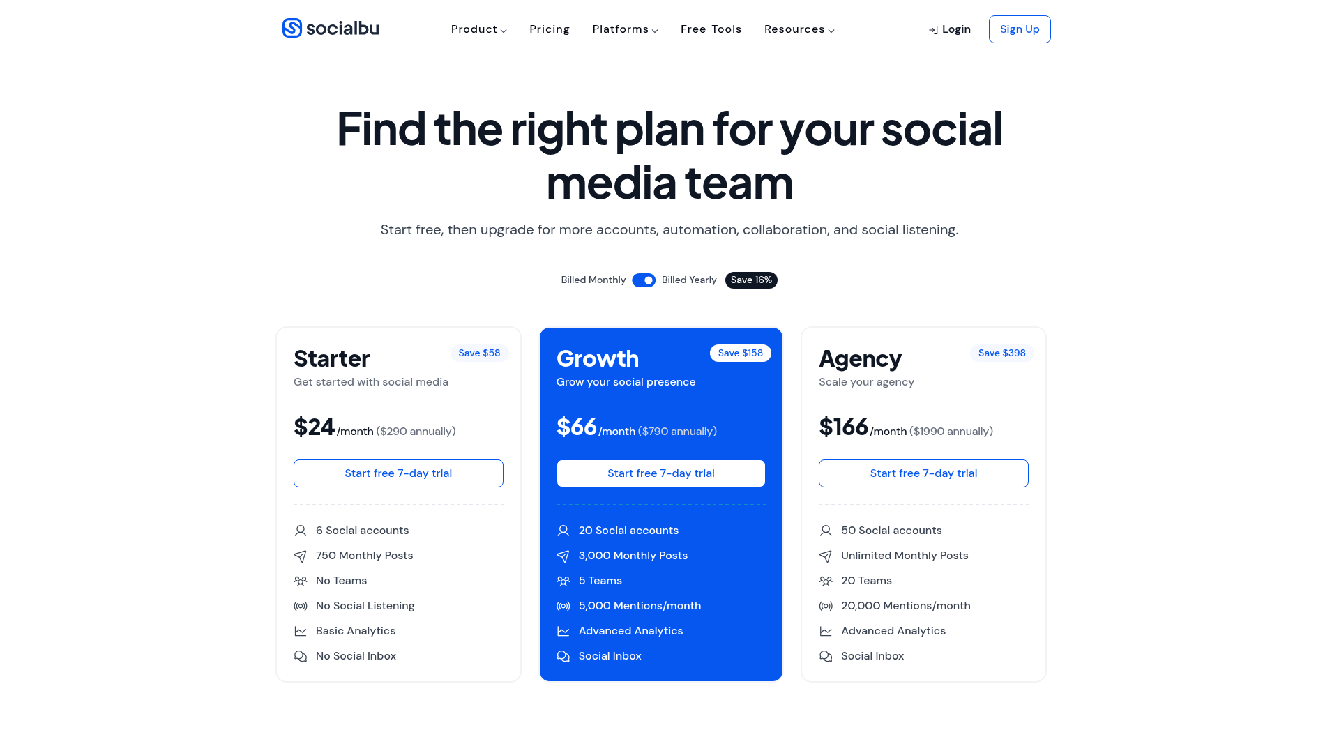 SocialBu pricing page showing Free, Starter, Growth, and Agency plans