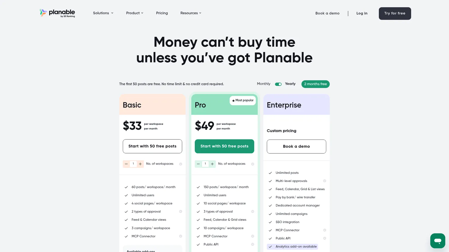 Planable pricing page showing Basic, Pro, and Enterprise plans